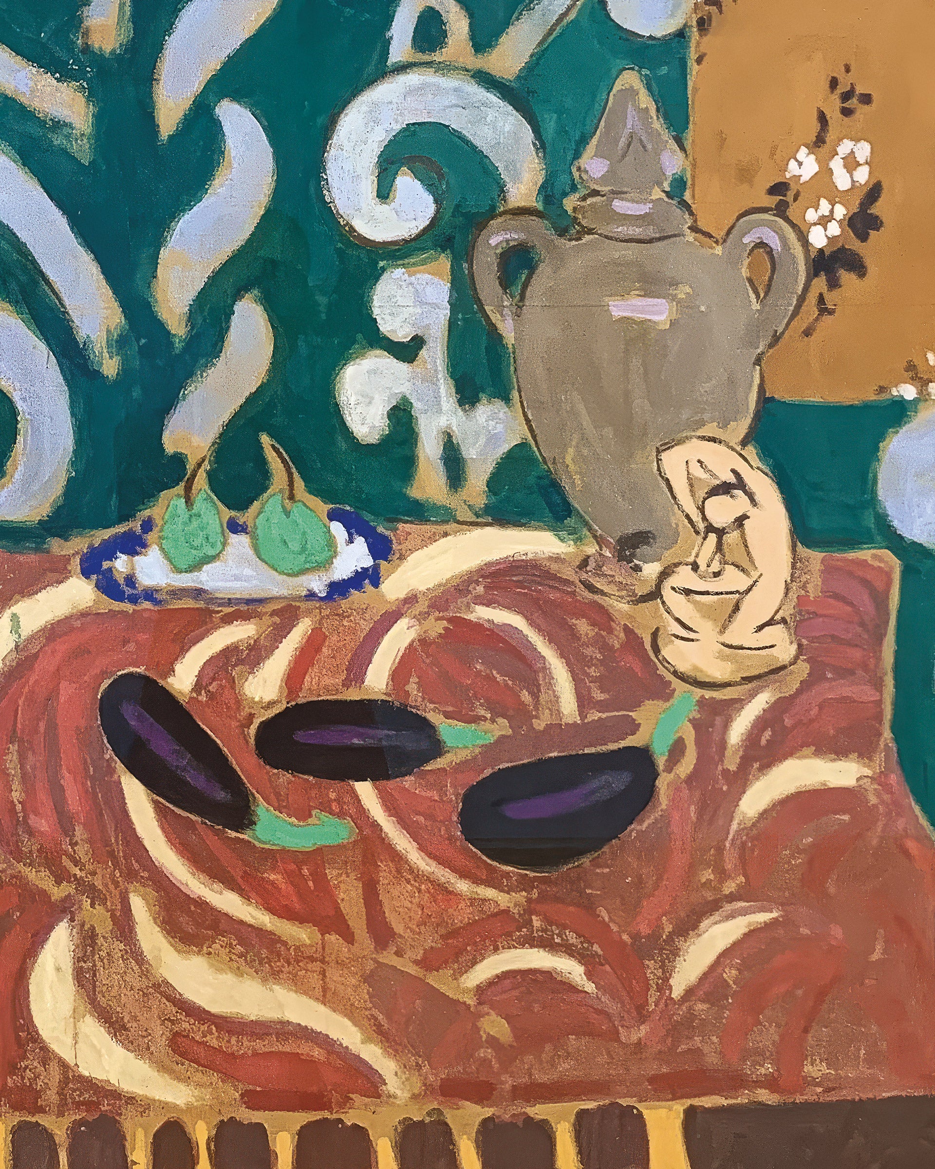 An abstract still life Matisse painting featuring a large gray-green vase, three dark purple eggplants, green pears on a blue-and-white plate, and a small cream-colored figure, all set against a patterned teal and gold background.