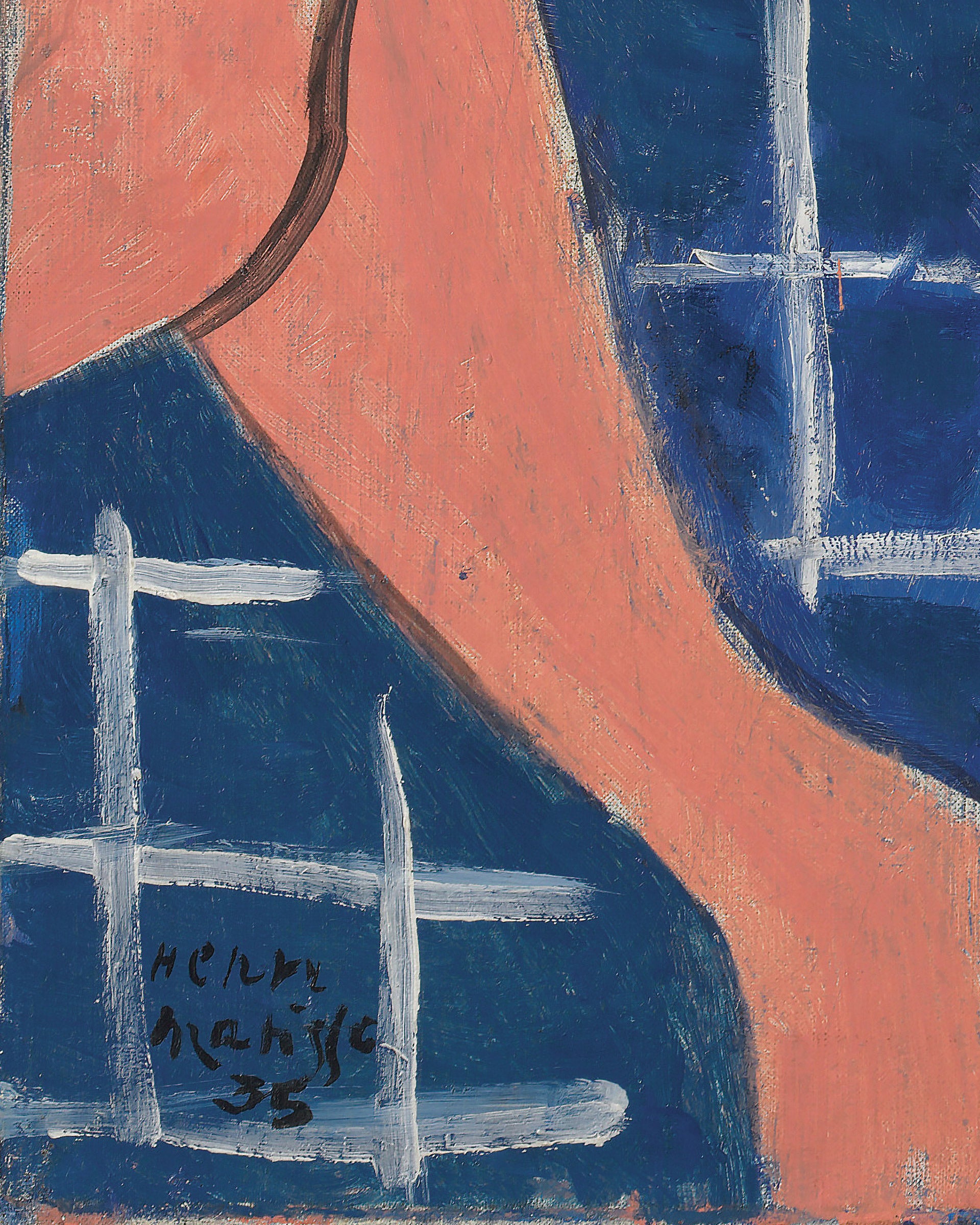 Abstract artwork with orange and blue colors and signature 'Henri Matisse' in the corner.