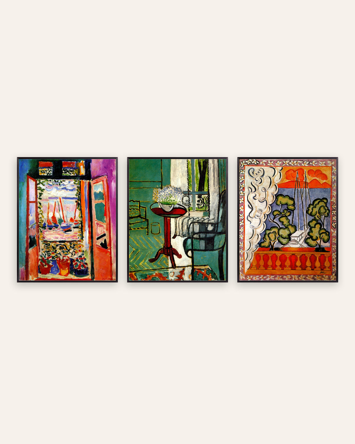 Plakaty Matisse’a, zestaw 3: okna w Collioure, z niezapominajkami i na Tahiti, w czarnych metalowych ramach