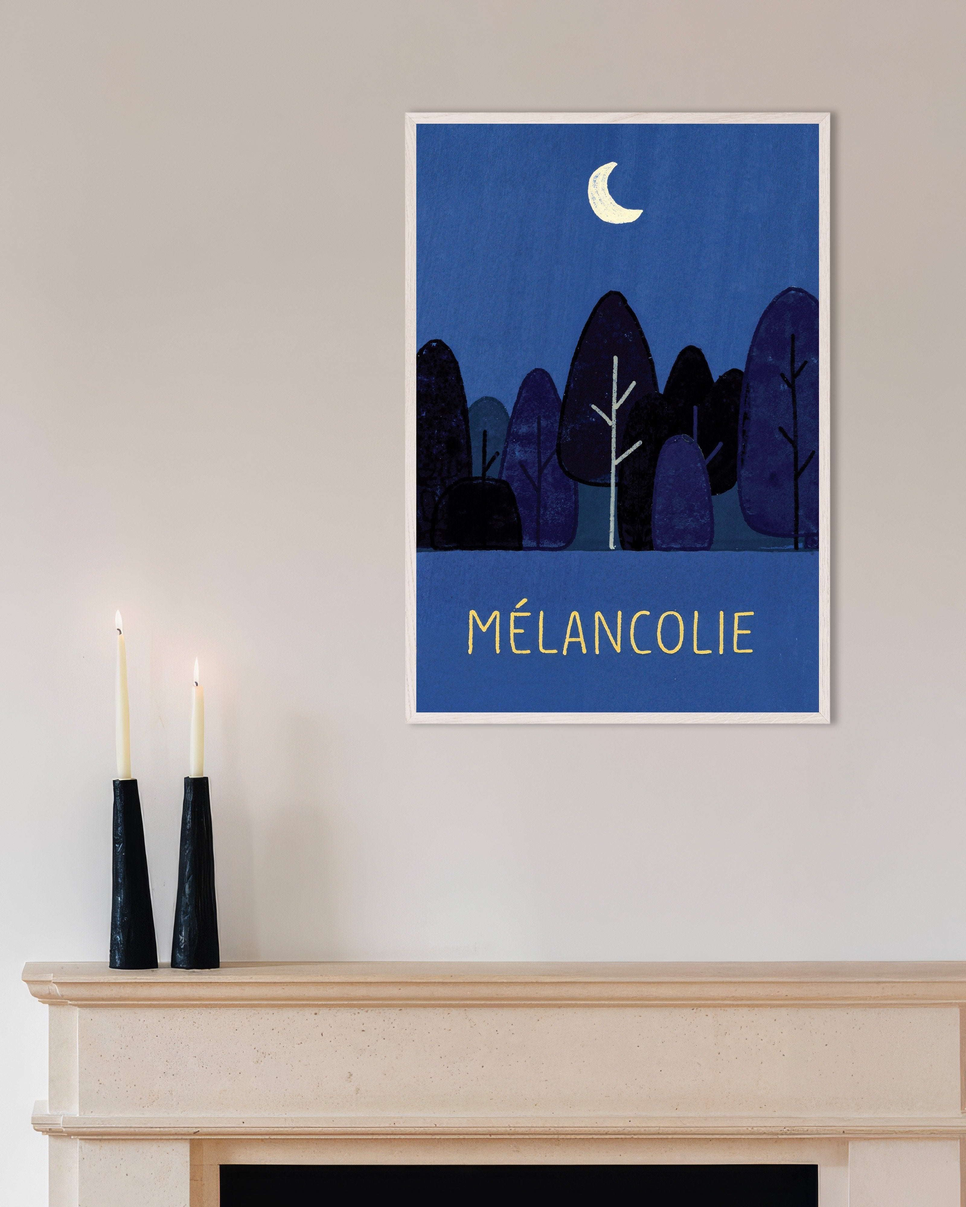Poster of Mélancolie Moonlit Forest Poster, with white wooden frame
