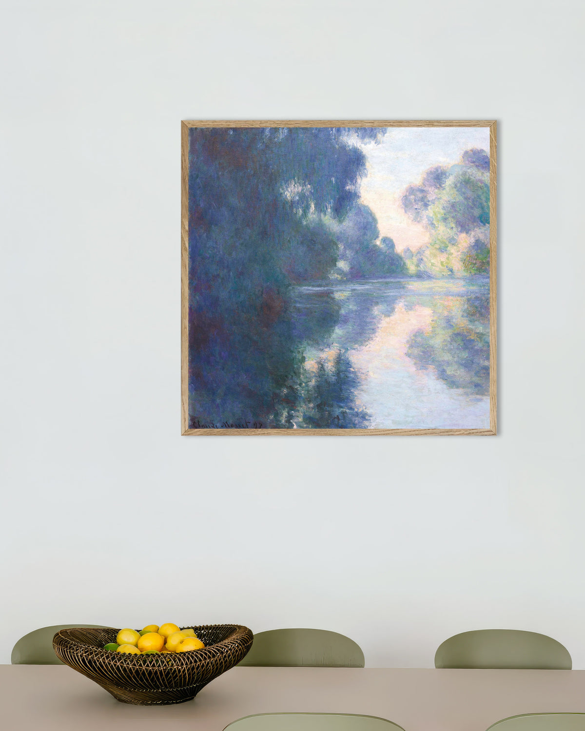 Plakat Poranek nad Sekwaną (1897), Claude Monet, w ramie z naturalnego drewna
