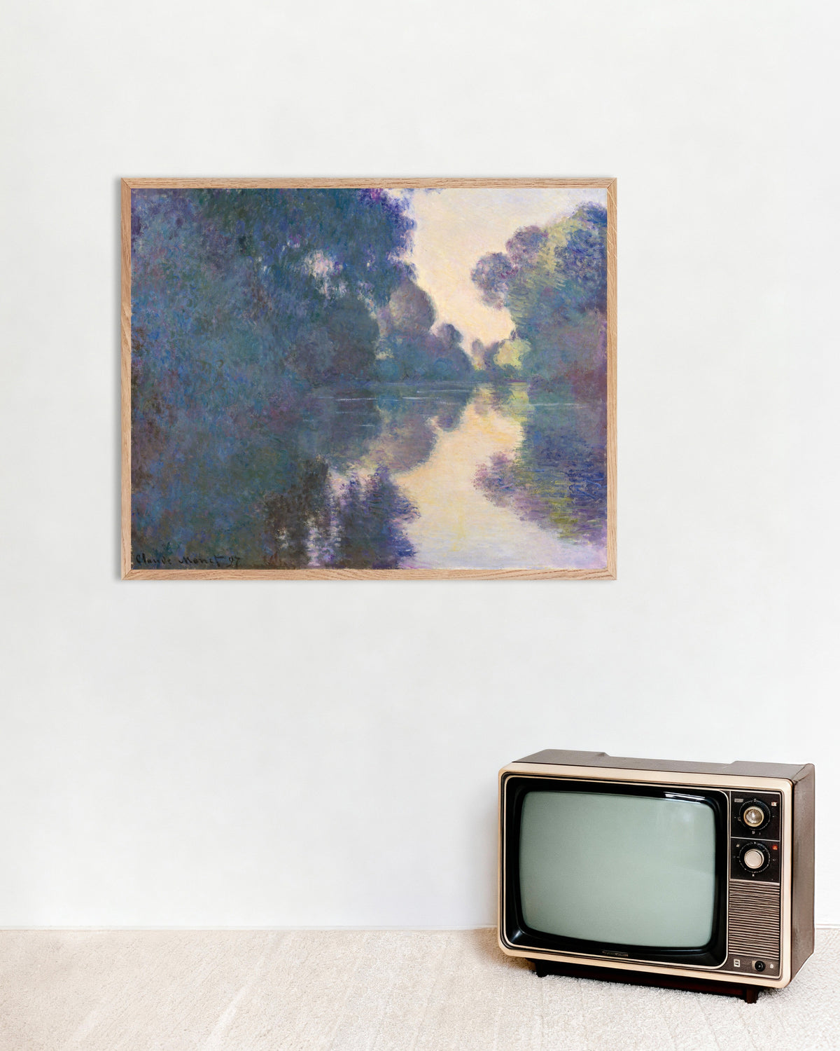 Plakat Poranek nad Sekwaną koło Giverny (1897), Claude Monet, w ramie z naturalnego drewna