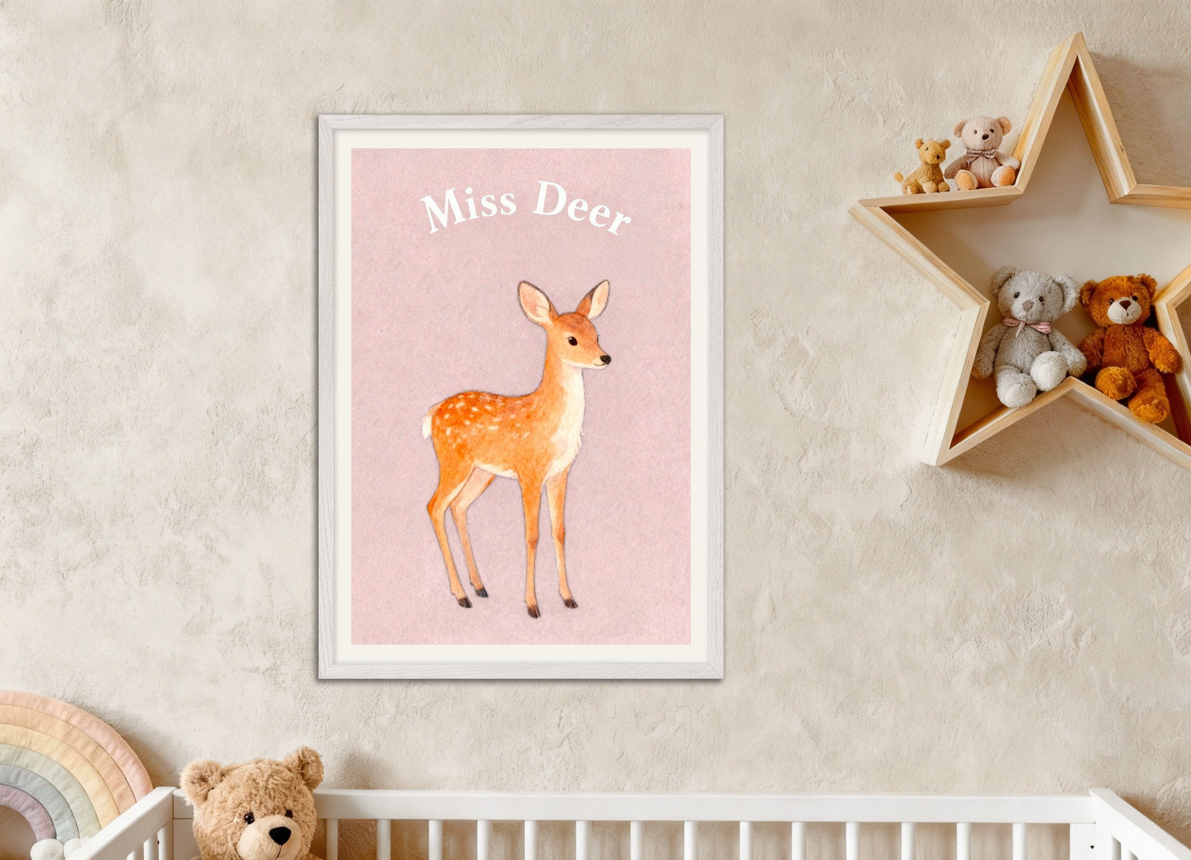 Poster of Nursery deer wall art – Gentle woodland poster, with white wooden frame