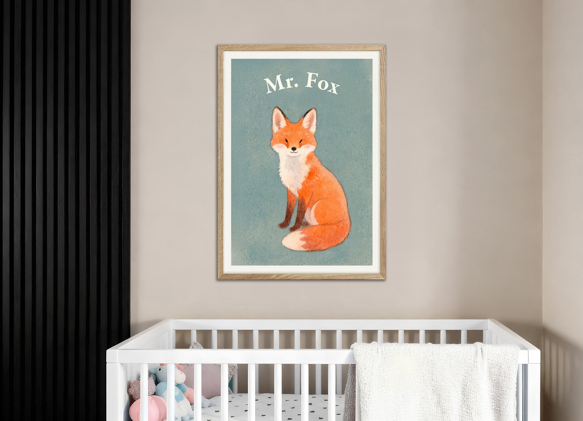 Poster of Nursery fox wall art – Woodland charm watercolor, with natural wooden frame