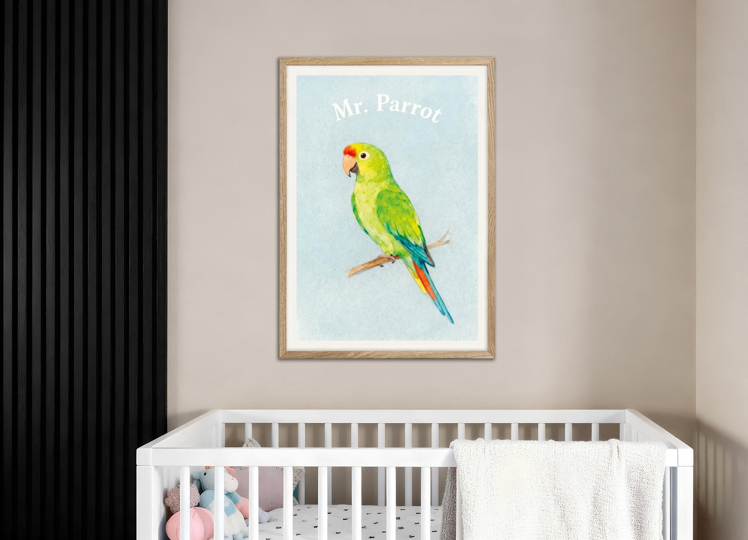 Poster of Nursery parrot wall art – Colorful bird watercolor poster, with natural wooden frame