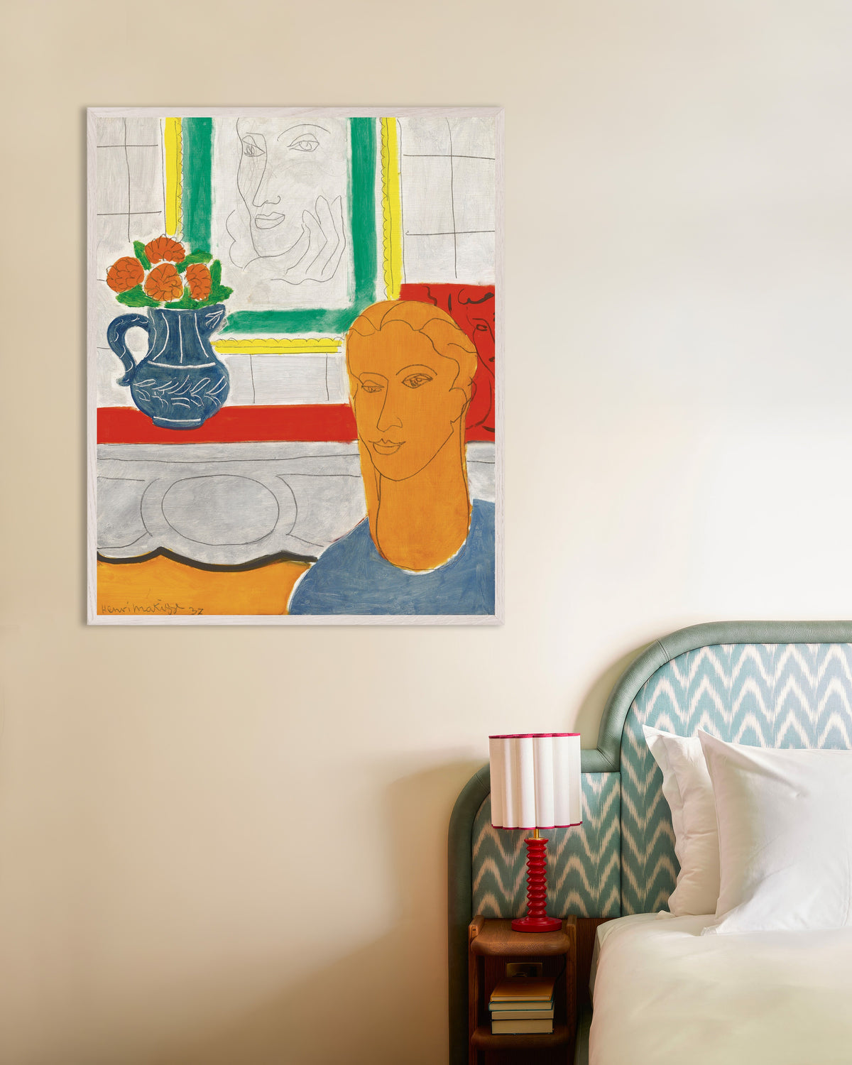 Plakat „Ochrowa głowa (Postać i bukiet) (1937), Henri Matisse” w białej drewnianej ramie