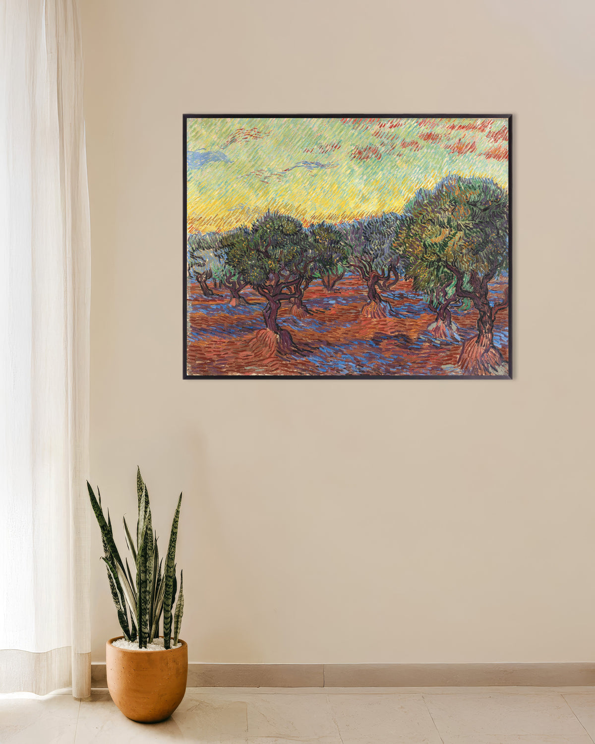 Plakat z dziełem „Gaj oliwny pod pomarańczowym niebem (1889) Vincenta van Gogha”, w metalowej ramie