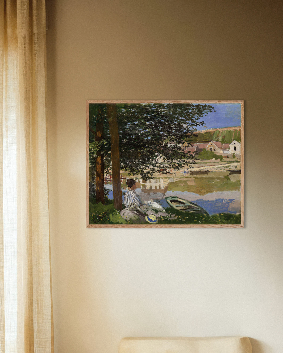 Plakat Nad brzegiem Sekwany, Bennecourt (1868), Claude Monet, w ramie z naturalnego drewna