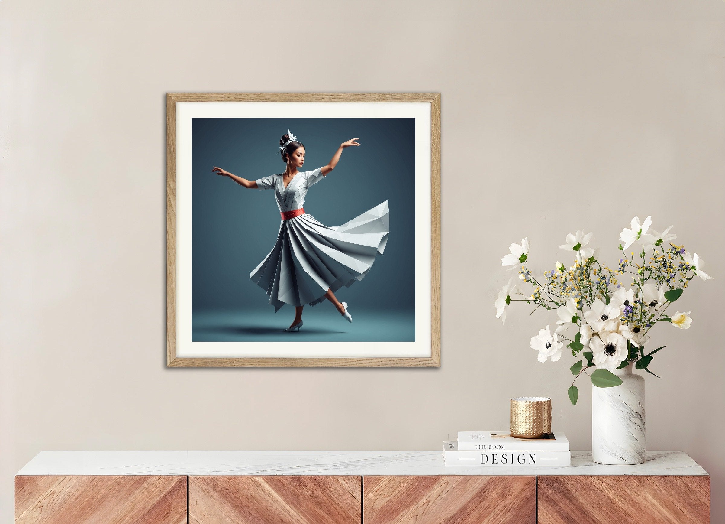 Poster of origami, with natural wooden frame