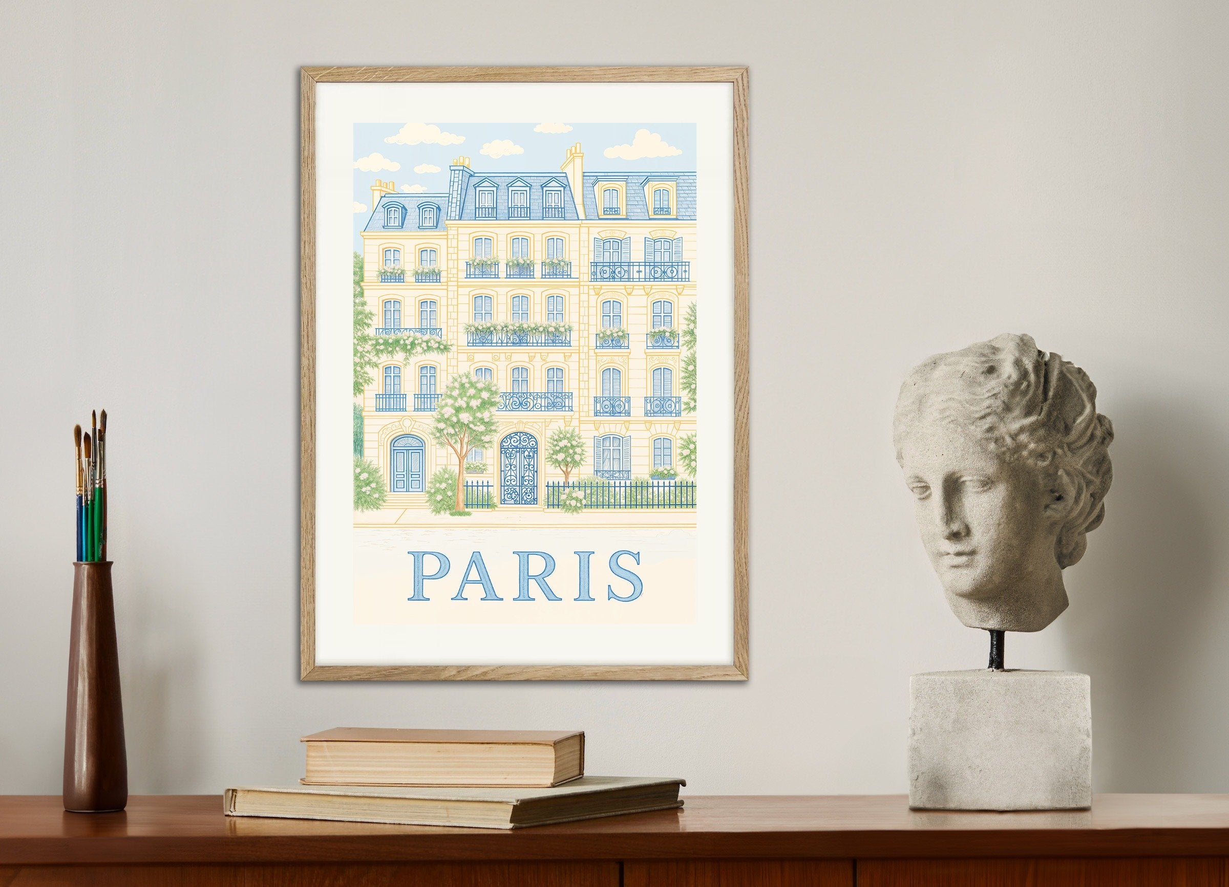 Poster of Paris Façade Poster – Elegant Pastel Illustration, with natural wooden frame