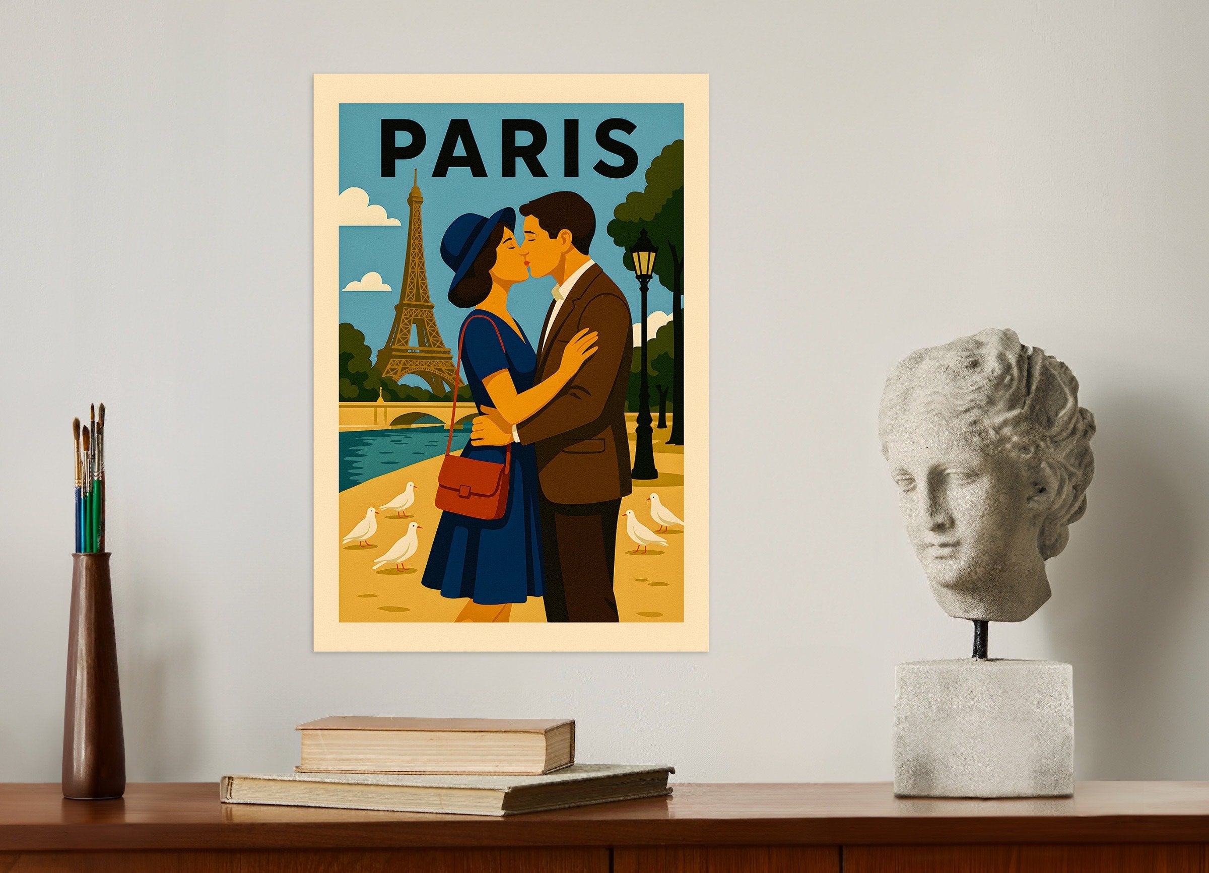 Poster of Paris Lovers Poster – Romantic Vintage-Style Illustration