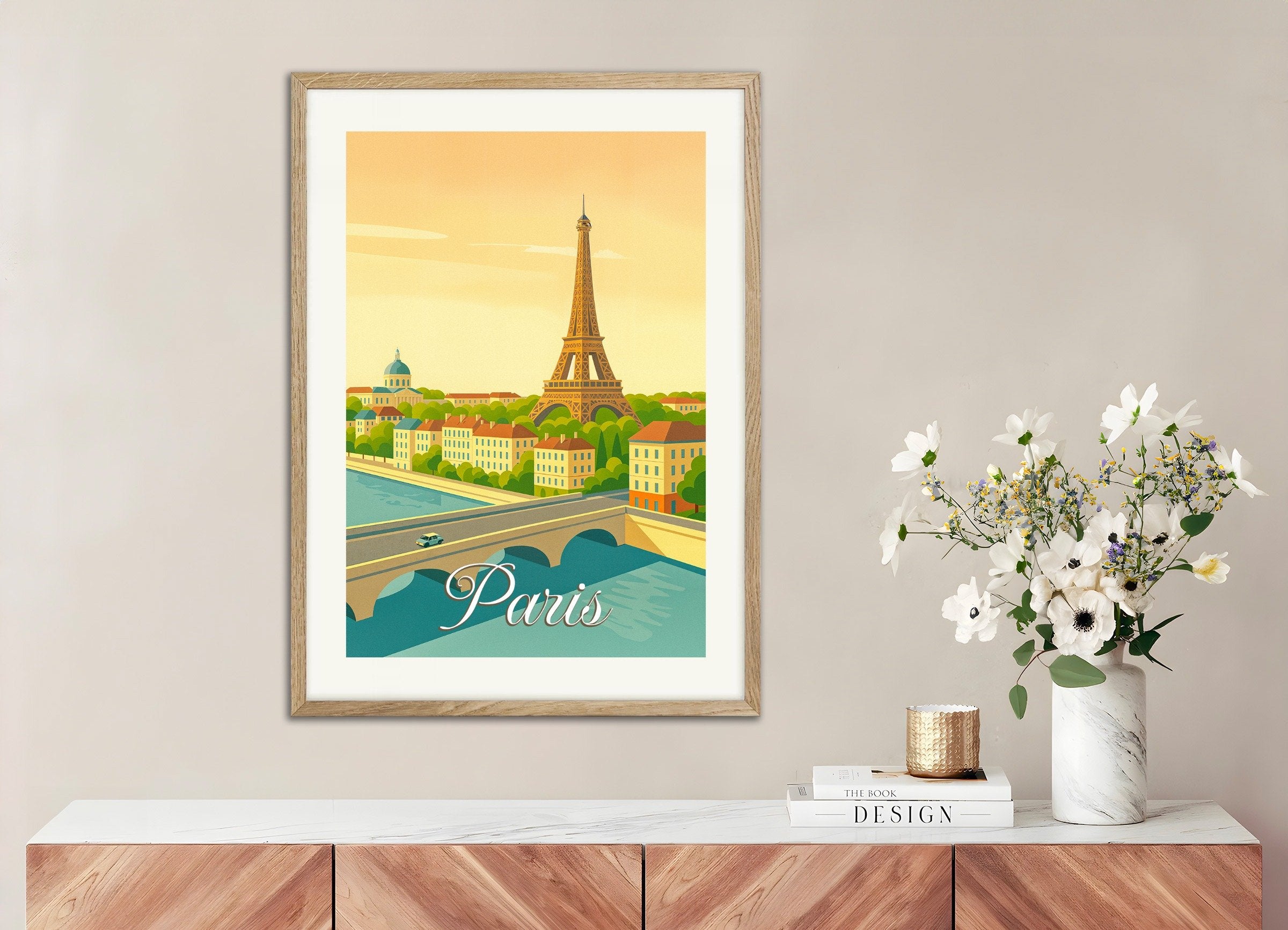Poster of Paris – Retro style Illustration of the Eiffel Tower, with natural wooden frame