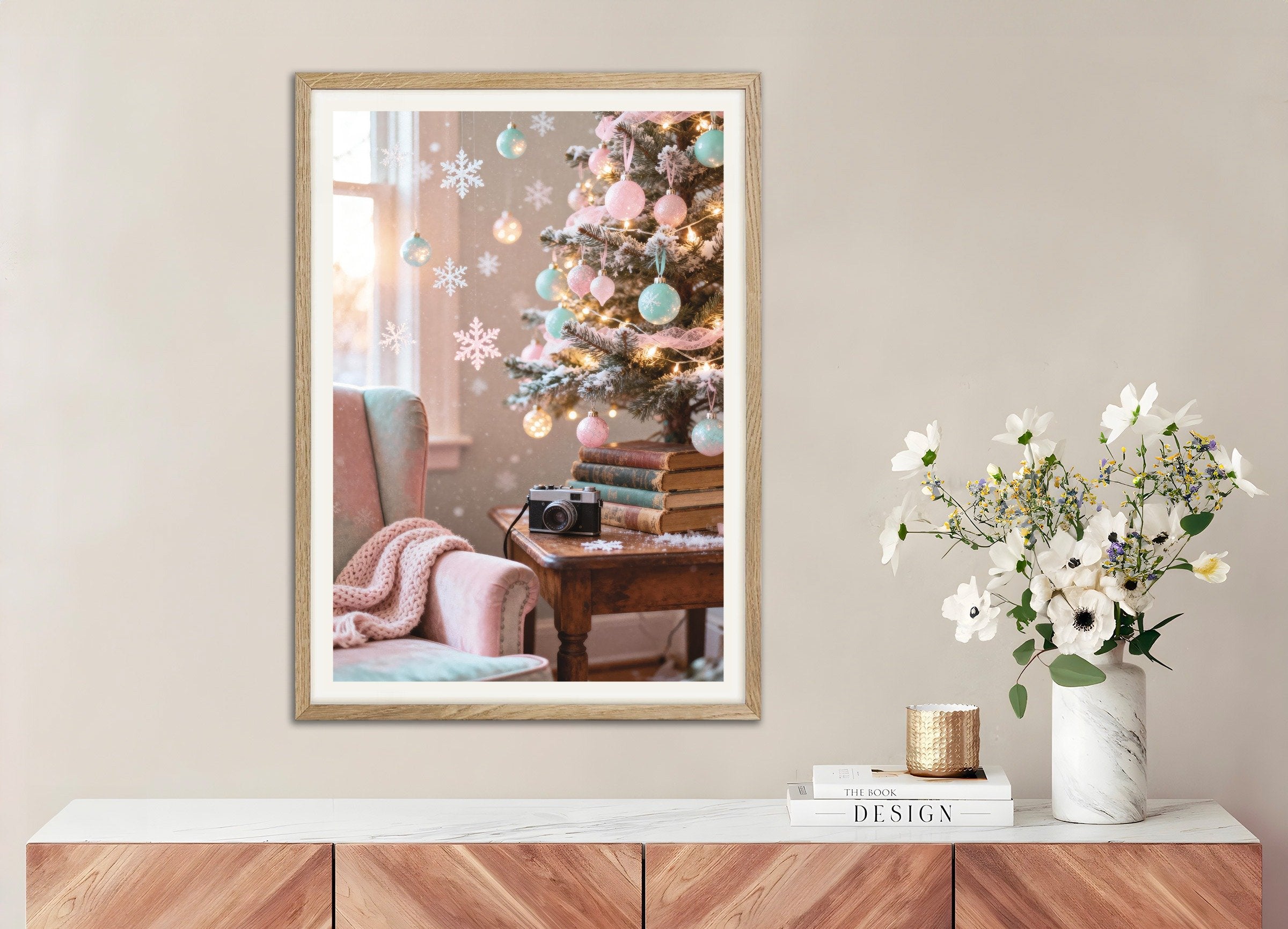 Poster of Pastel Christmas tree poster, with natural wooden frame