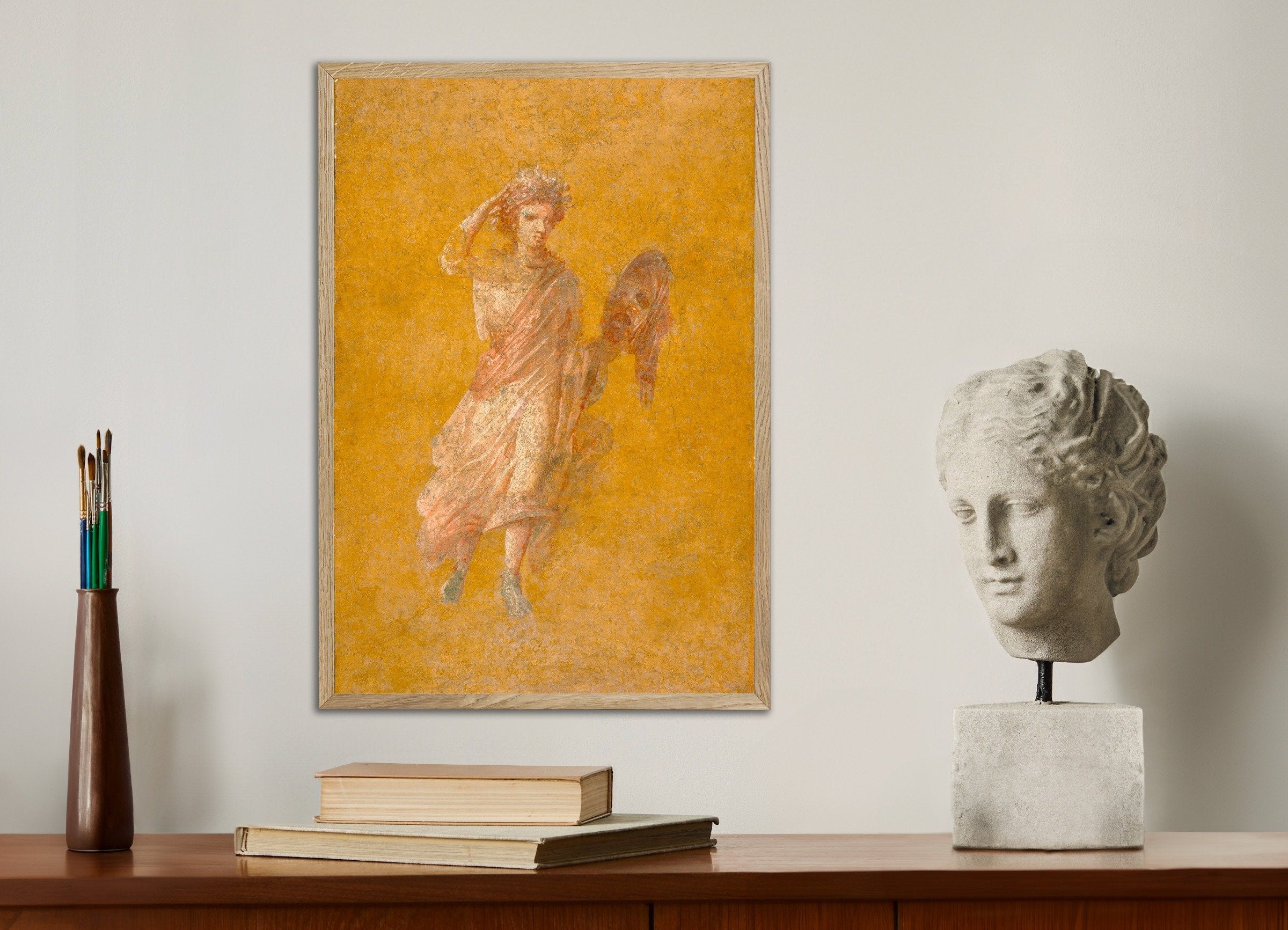 Poster of Pompeii Fresco Fragment with Muse Melpomene - Art Print, with natural wooden frame