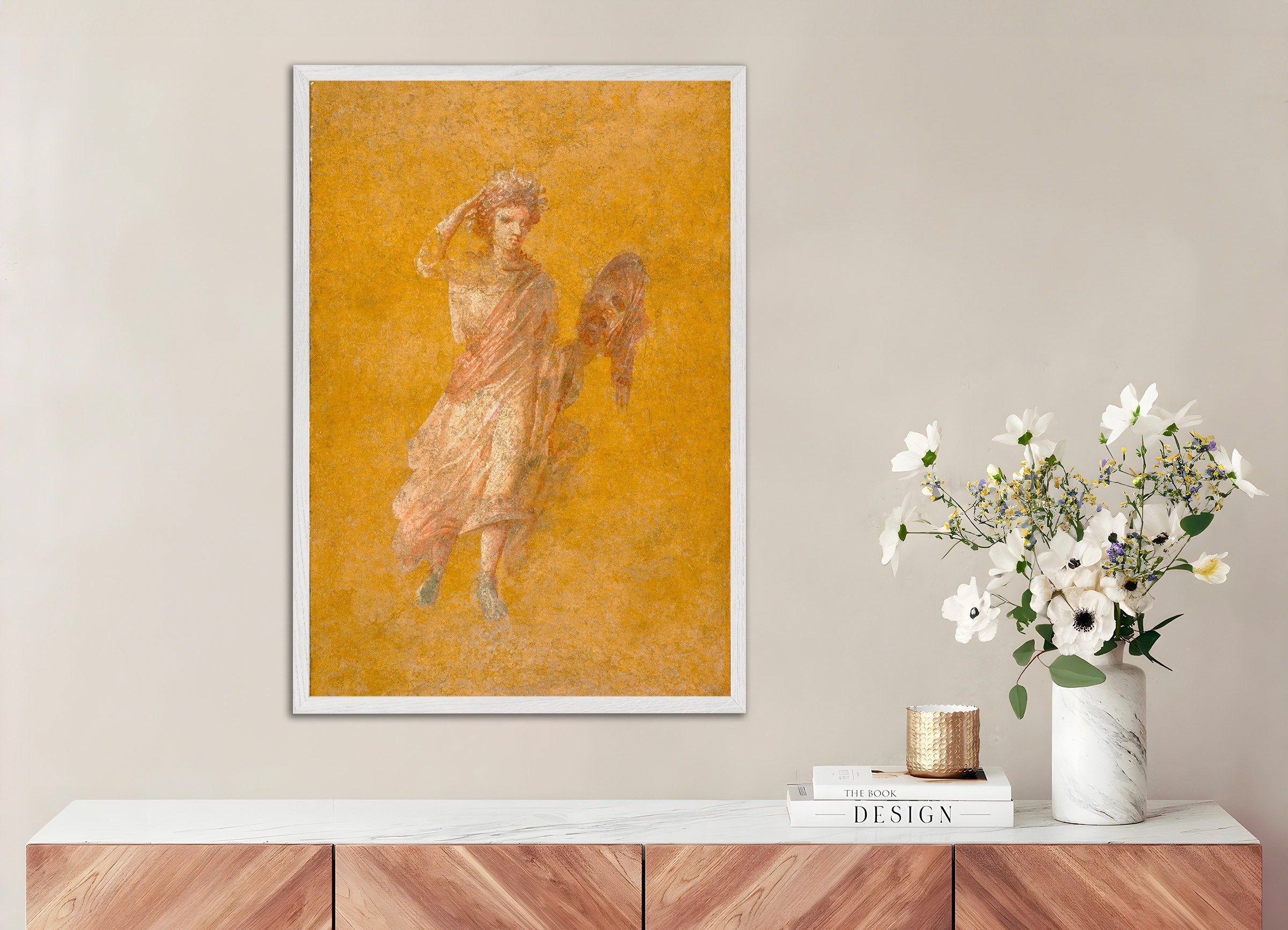 Poster of Pompeii Fresco Fragment with Muse Melpomene - Art Print, with white wooden frame