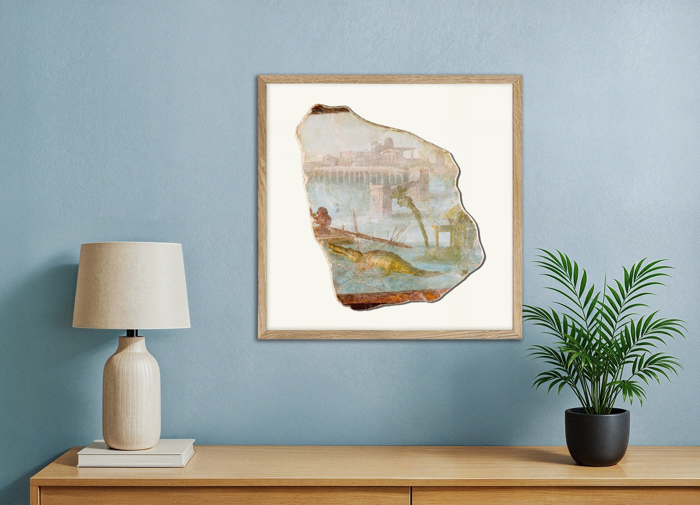 Poster of Pompeii Fresco Fragment with Nilotic Landscape - Art Print, with natural wooden frame