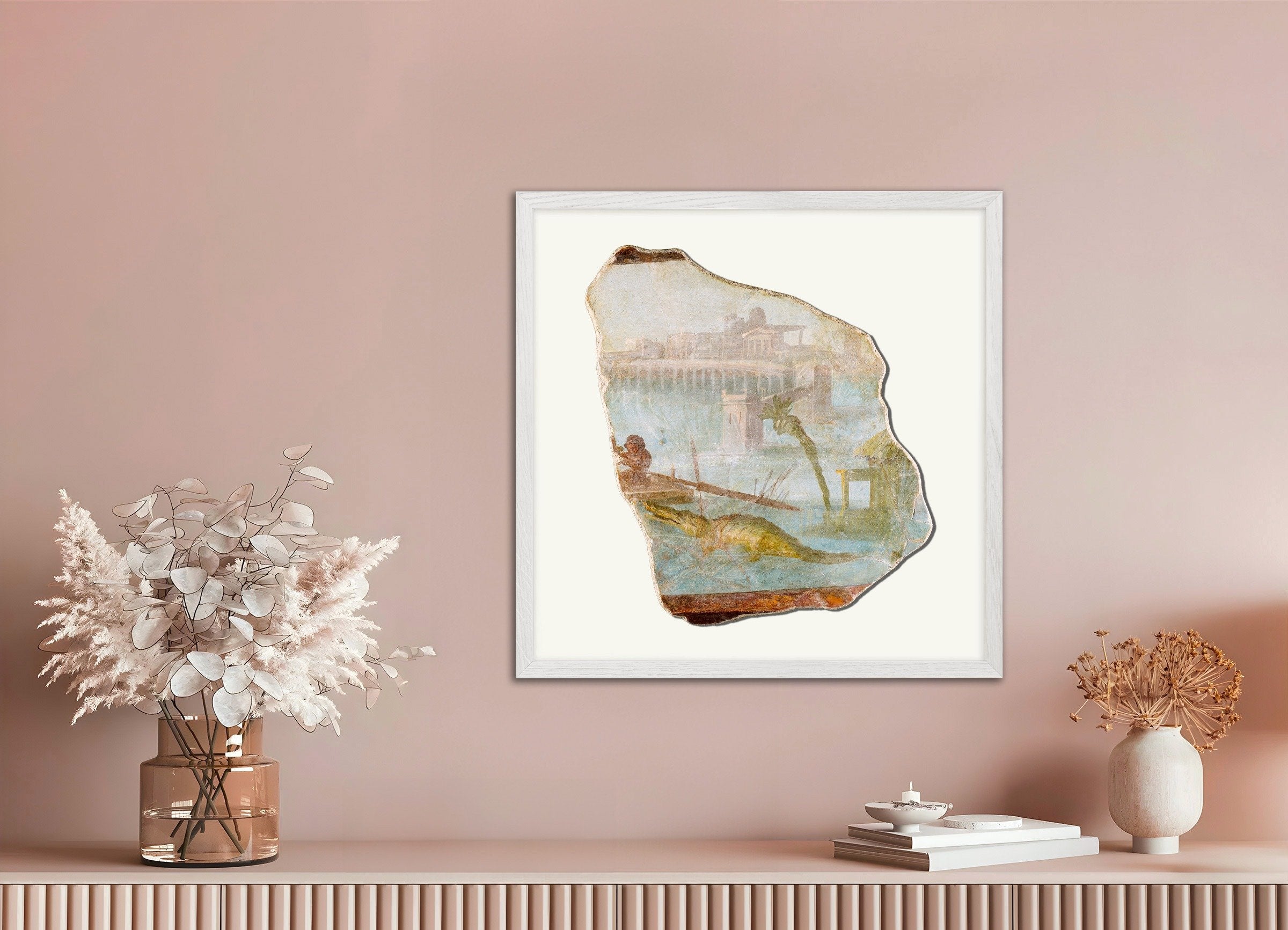 Poster of Pompeii Fresco Fragment with Nilotic Landscape - Art Print, with white wooden frame