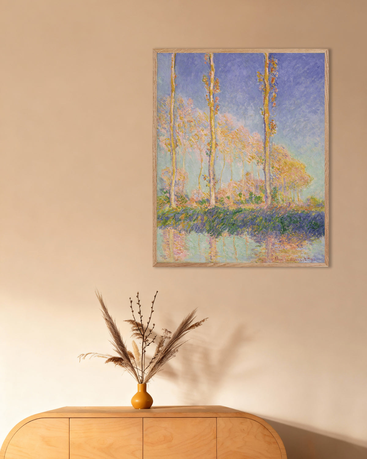 Plakat Topole (1891), Claude Monet, w ramie z naturalnego drewna