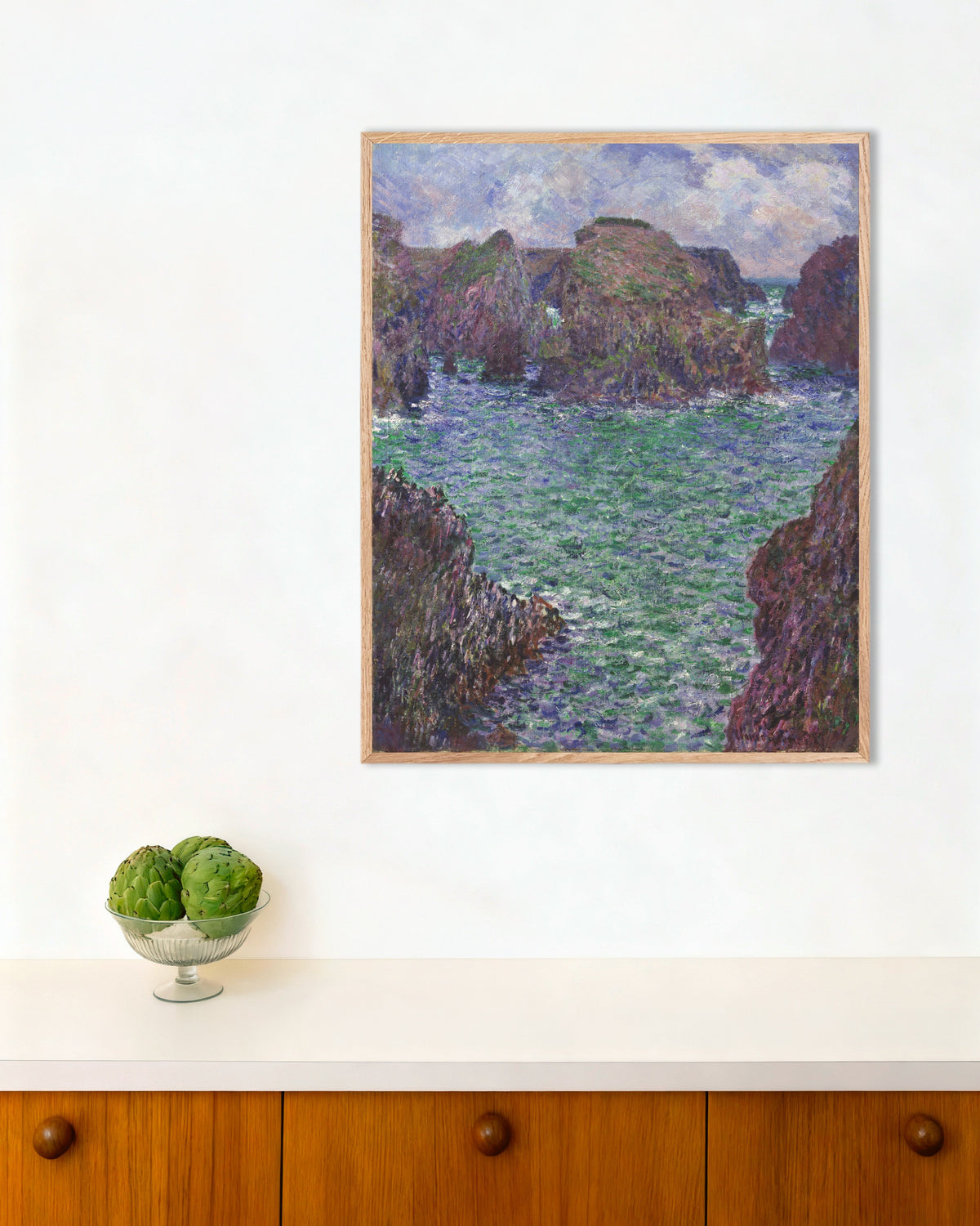 Plakat Port-Goulphar, Belle-Île (1887), Claude Monet, w ramie z naturalnego drewna