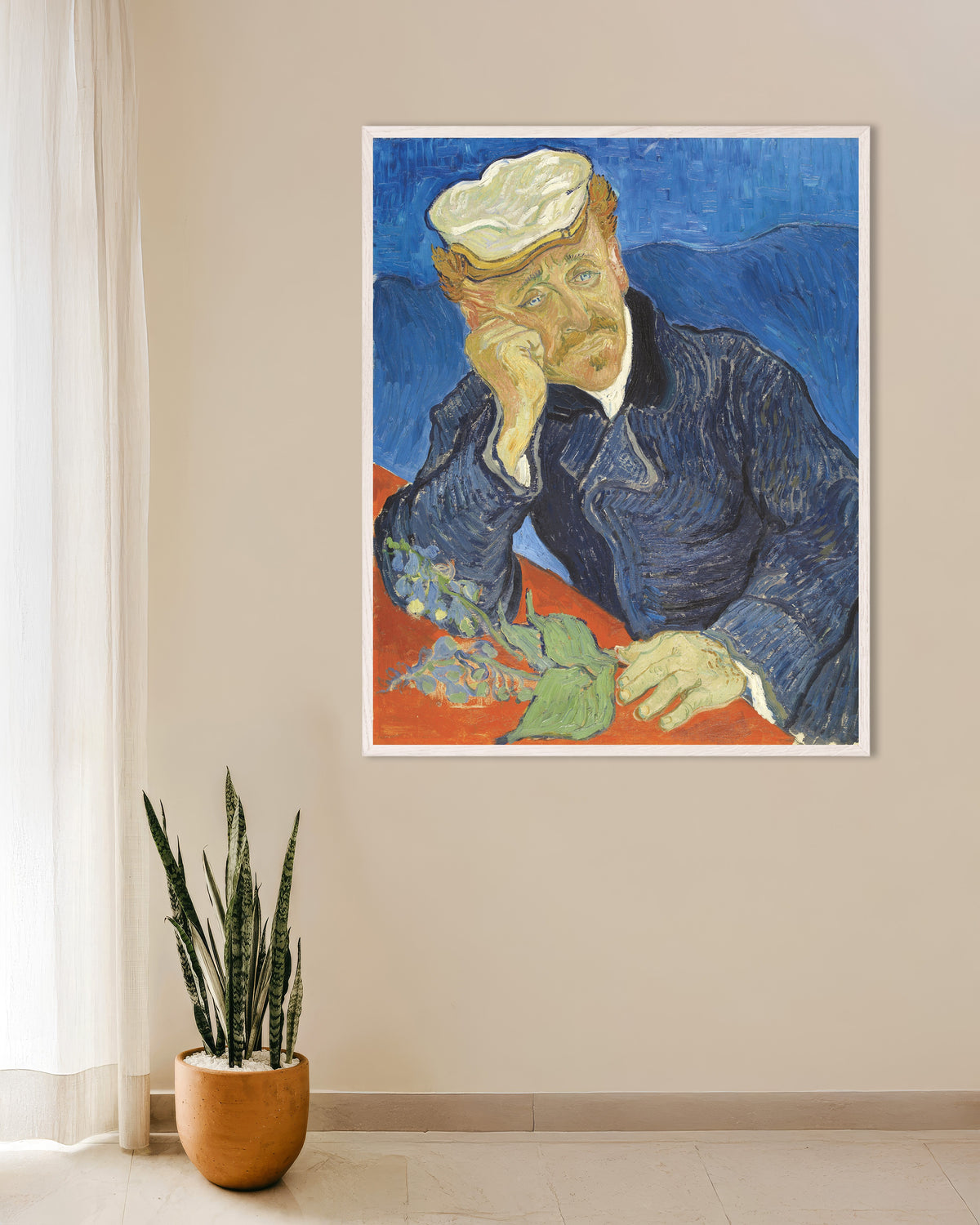 Plakat z Portret doktora Paula Gacheta (1890) Vincenta van Gogha, w białej drewnianej ramie