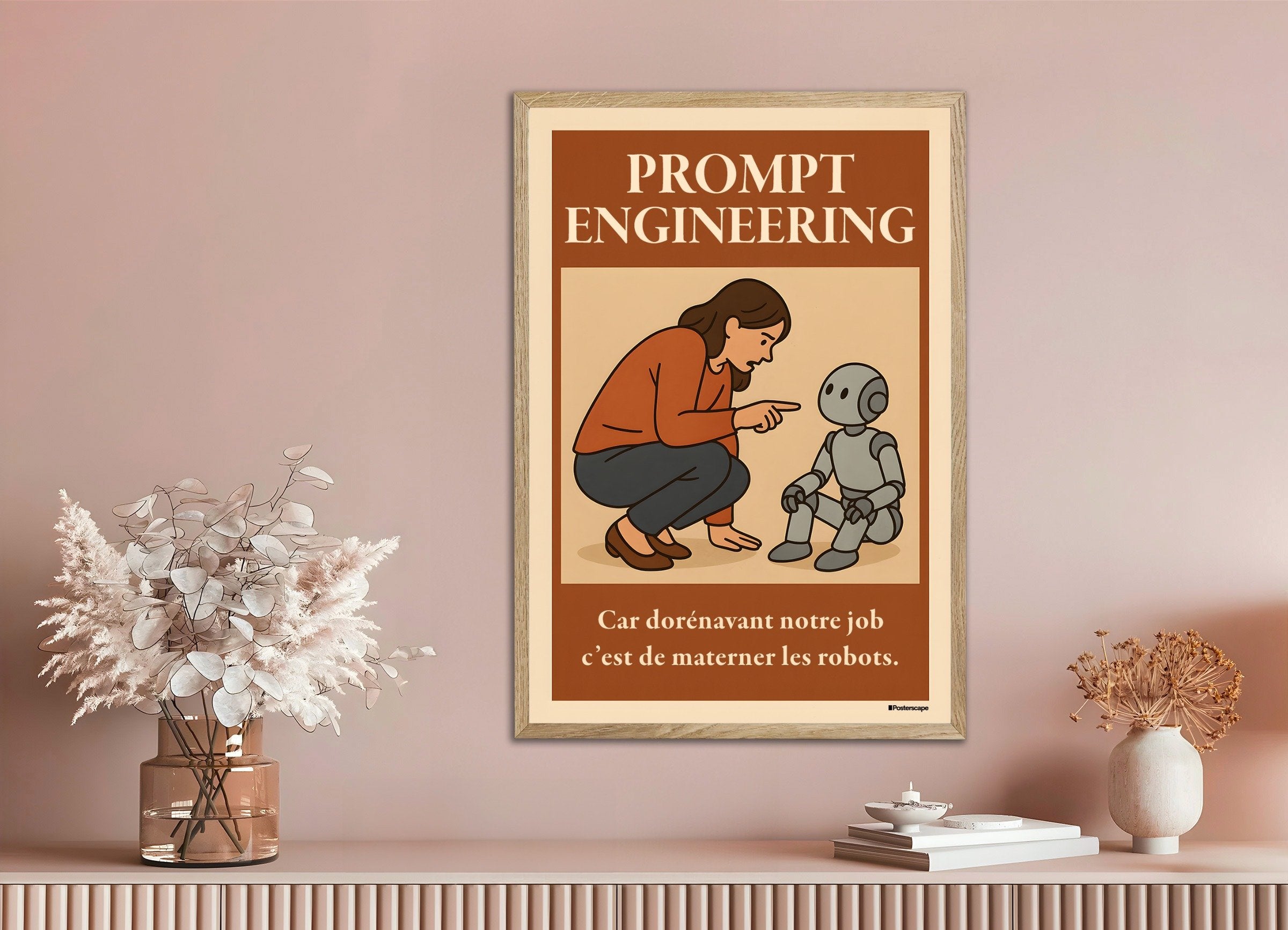 Poster of Prompt Engineering - Demotivational Poster, with natural wooden frame