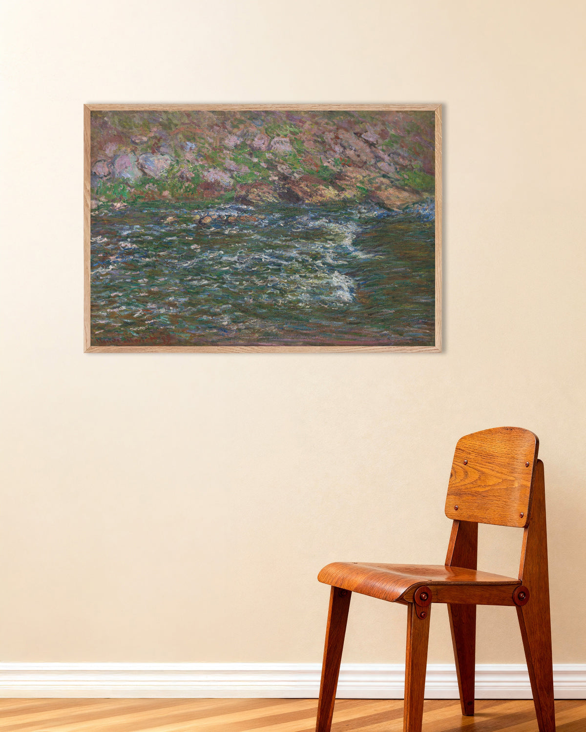 Plakat Bystrza na Petite Creuse w Fresselines (1889), Claude Monet, w ramie z naturalnego drewna