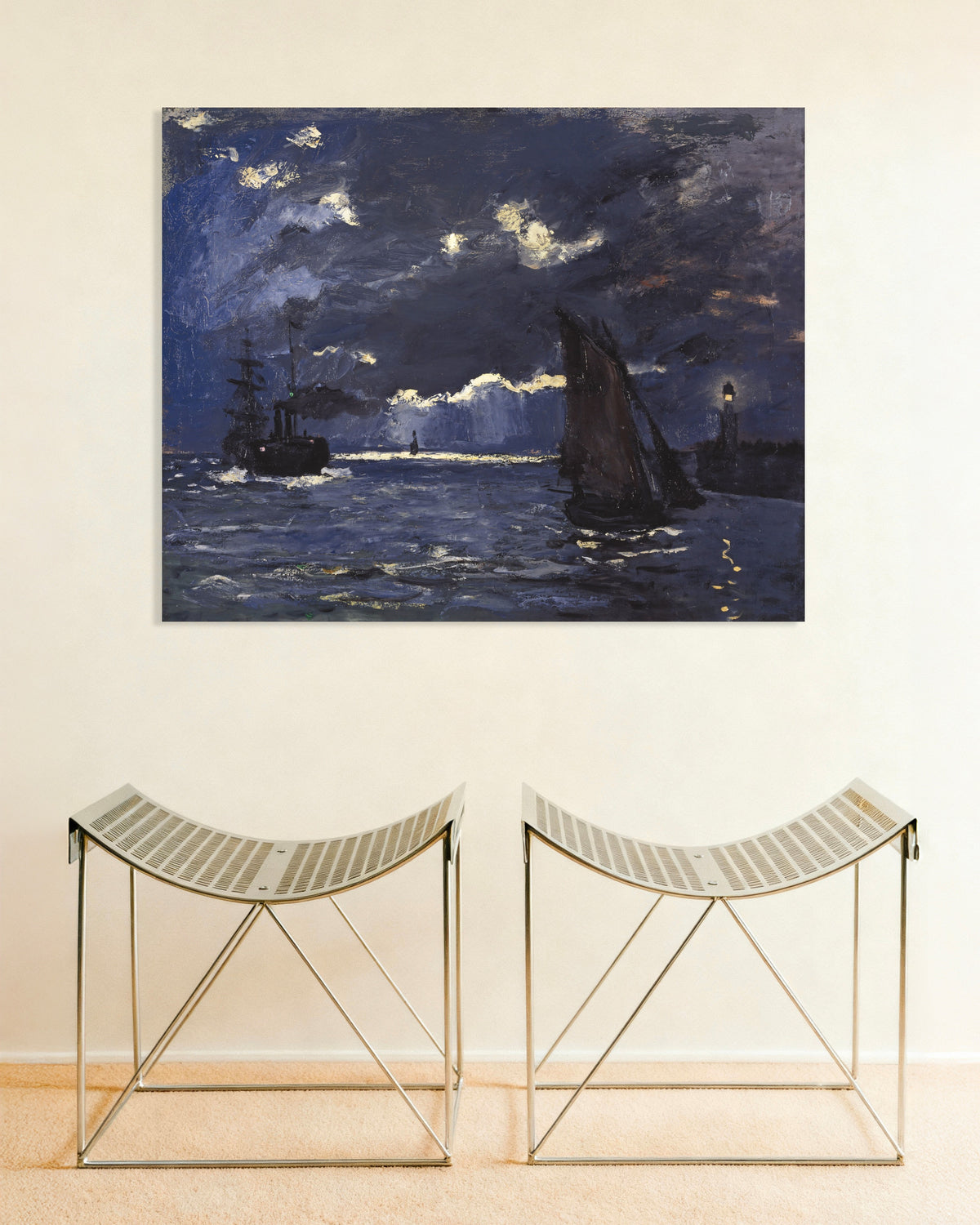 Plakat Pejzaż morski, statki w świetle księżyca (1864), Claude Monet