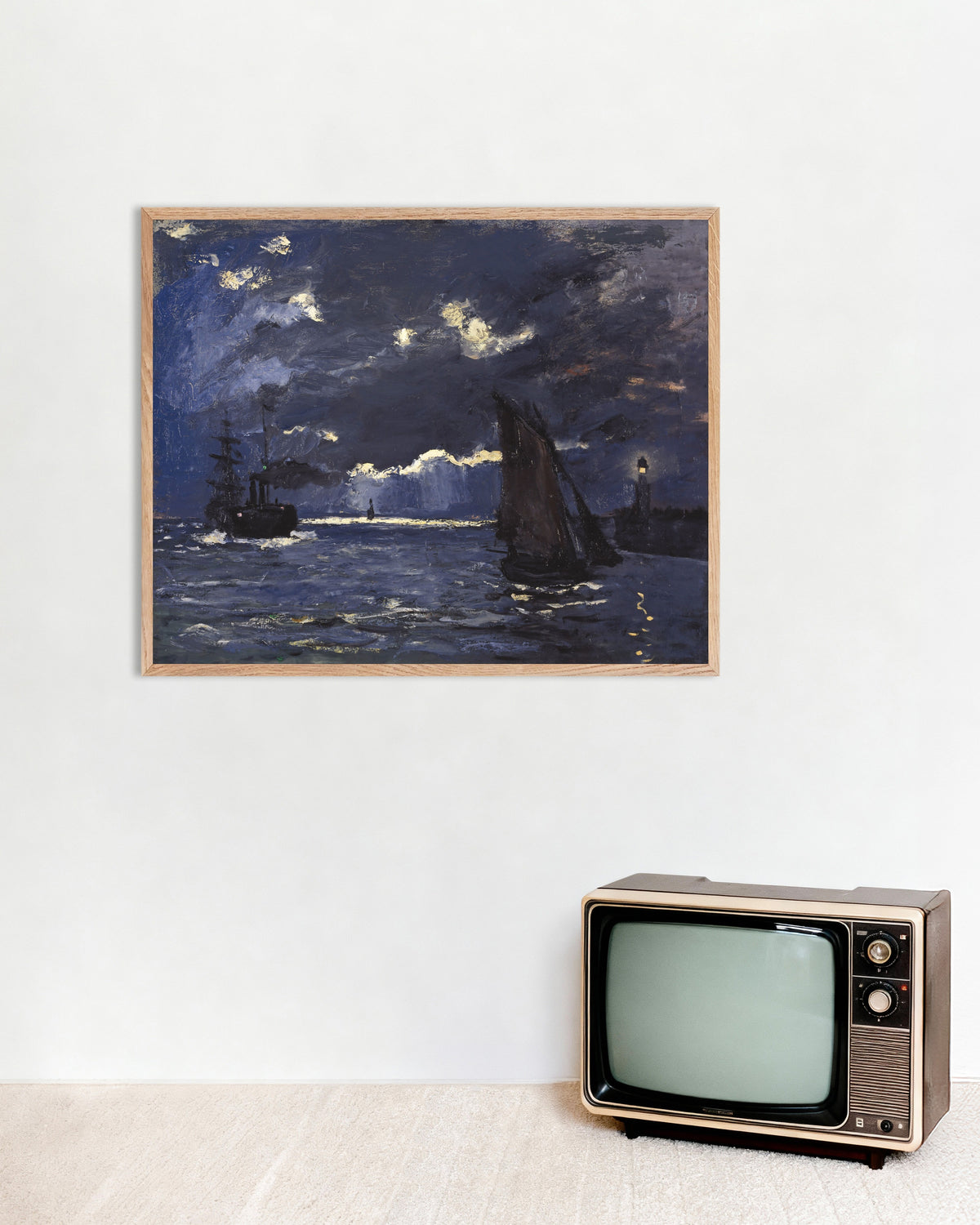 Plakat Pejzaż morski, statki w świetle księżyca (1864), Claude Monet, w ramie z naturalnego drewna