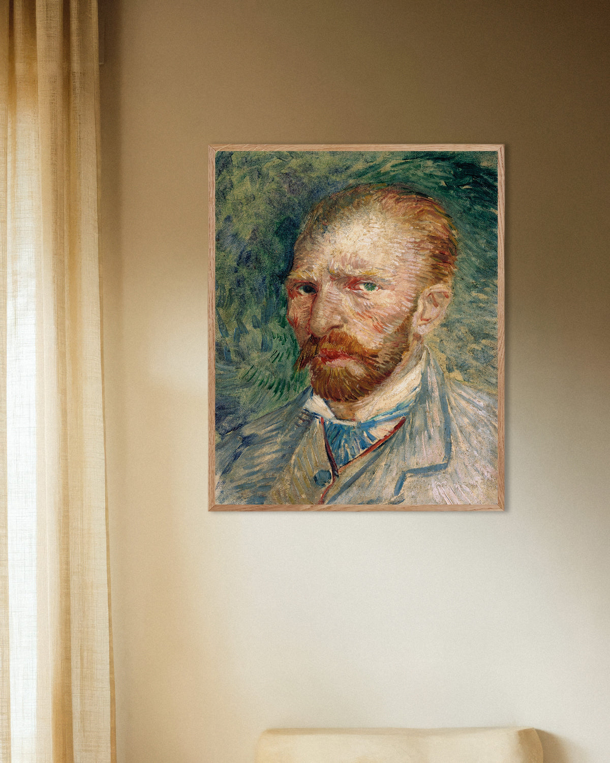 Plakat „Autoportret na zielonym tle (1886) Vincenta van Gogha” w ramie z naturalnego drewna