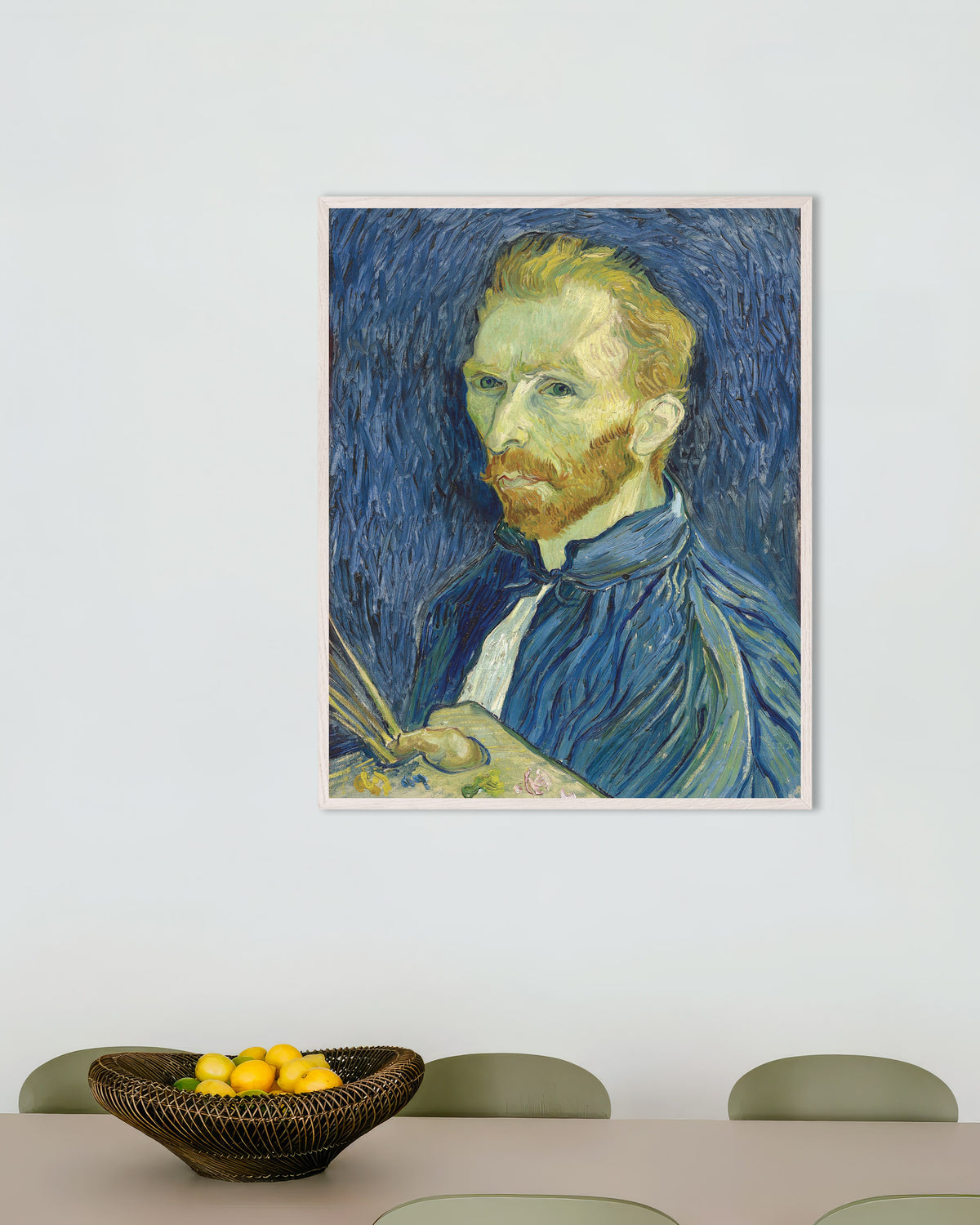 Plakat „Autoportret z paletą (1889) Vincenta van Gogha” w białej drewnianej ramie