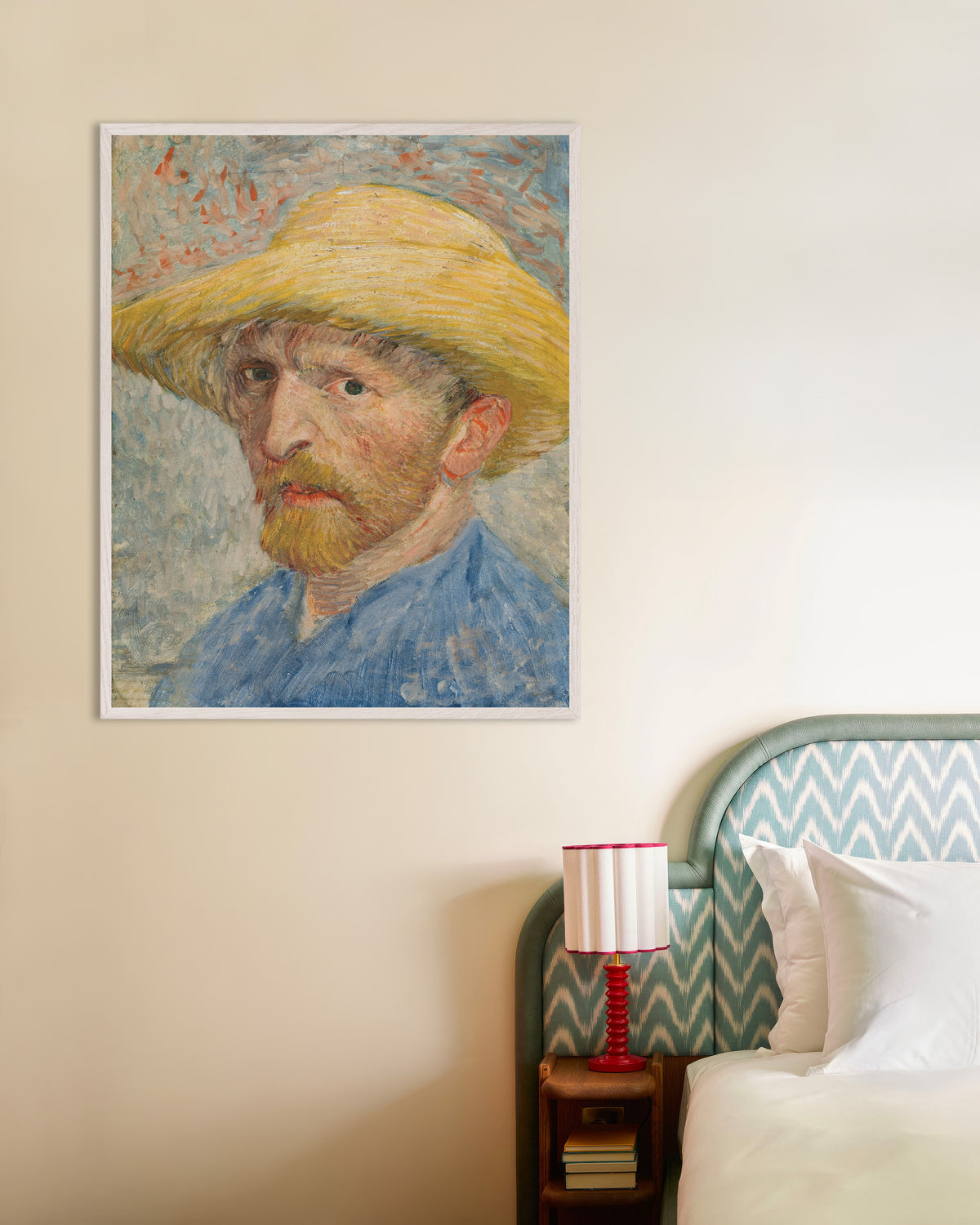 Plakat „Autoportret ze słomkowym kapeluszem i niebieską bluzą (1887), Vincent van Gogh” w białej drewnianej ramie
