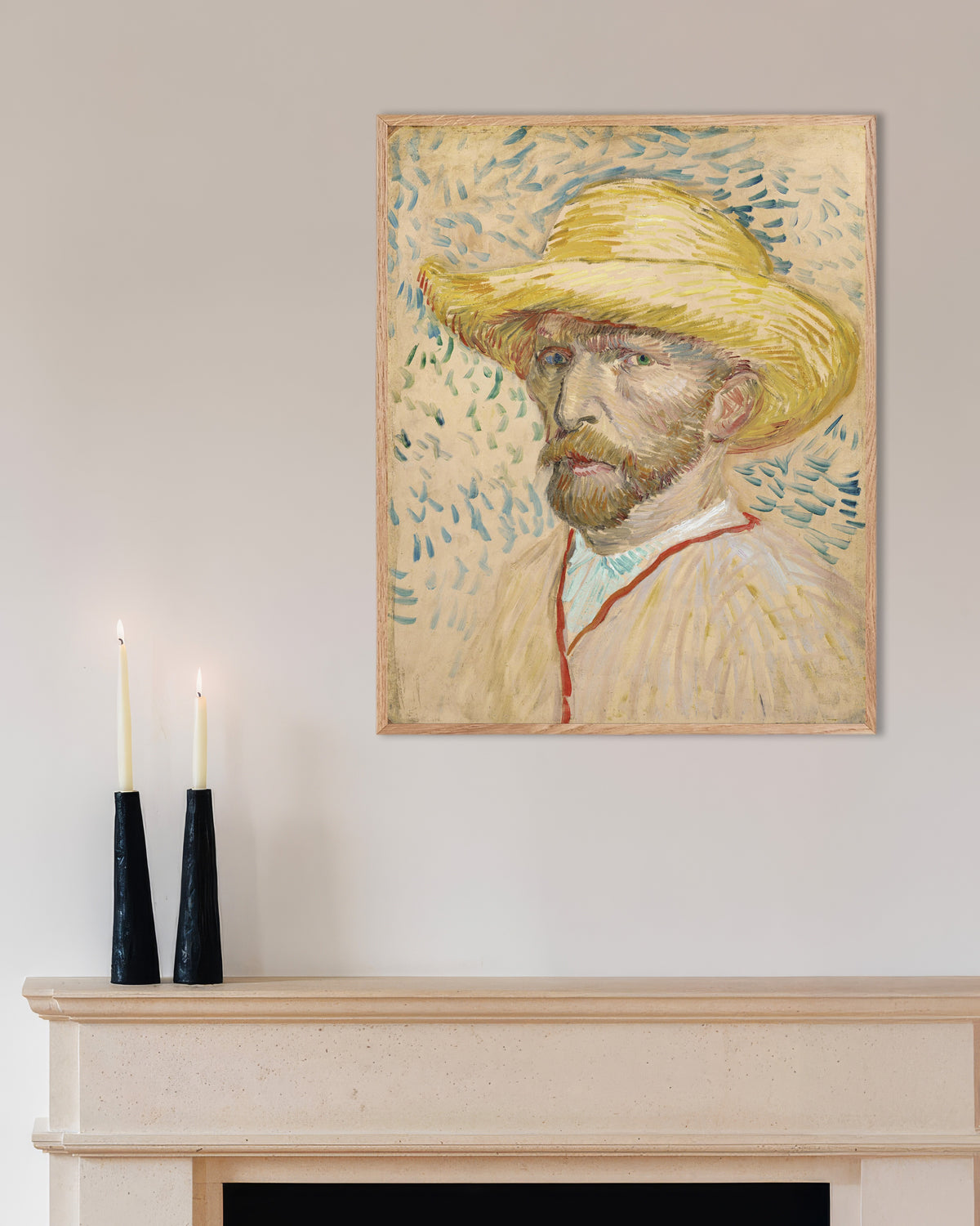 Plakat „Autoportret w słomkowym kapeluszu i fartuchu malarskim (1887), Vincent van Gogh” w ramie z naturalnego drewna