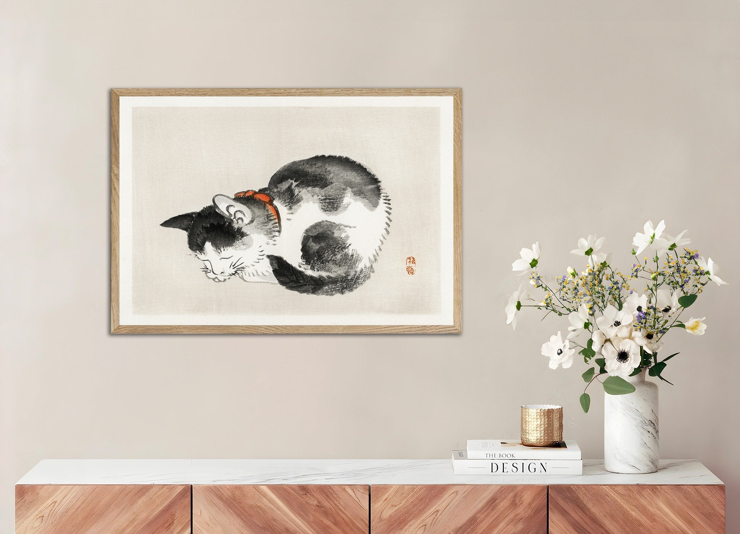 Poster of Sleeping cat, Kōno Bairei, with natural wooden frame