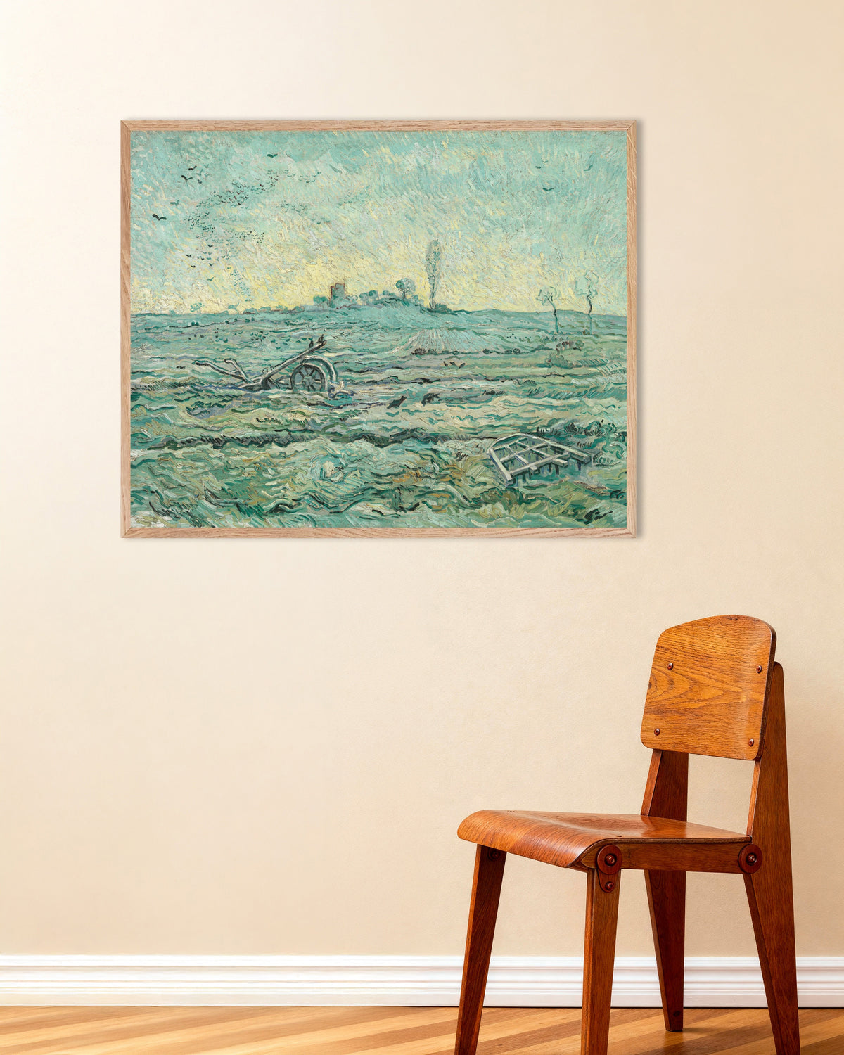 Plakat „Ośnieżone pole z broną, według Milleta (1890), Vincent van Gogh” w ramie z naturalnego drewna
