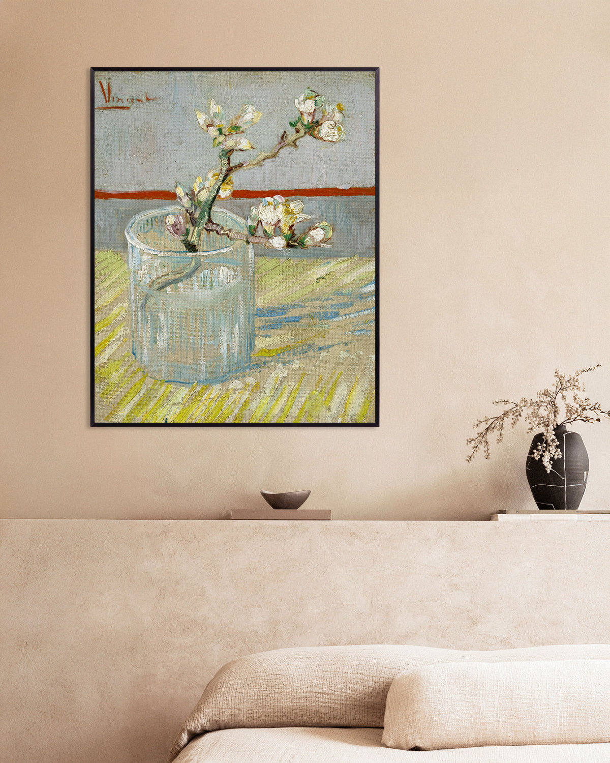 Plakat „Gałązka kwitnącego migdałowca w szklance (1888), Vincent van Gogh” w metalowej ramie