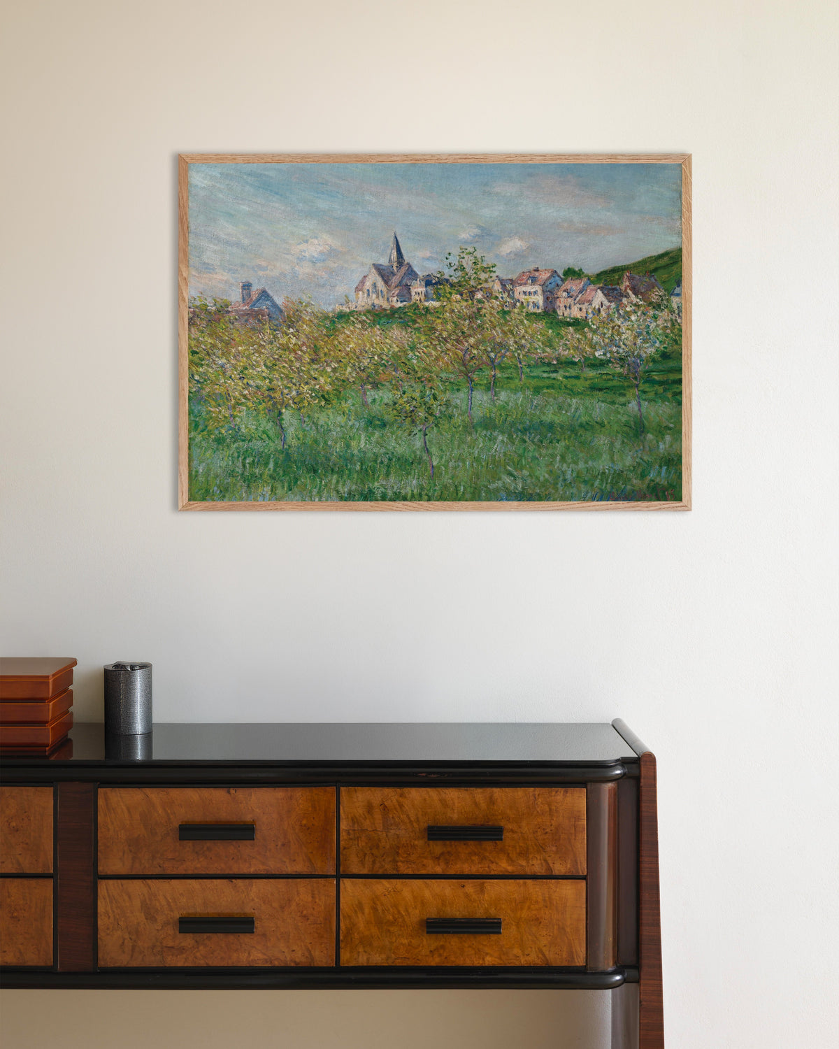 Plakat Wiosna w Giverny, popołudnie (1885), Claude Monet, w ramie z naturalnego drewna