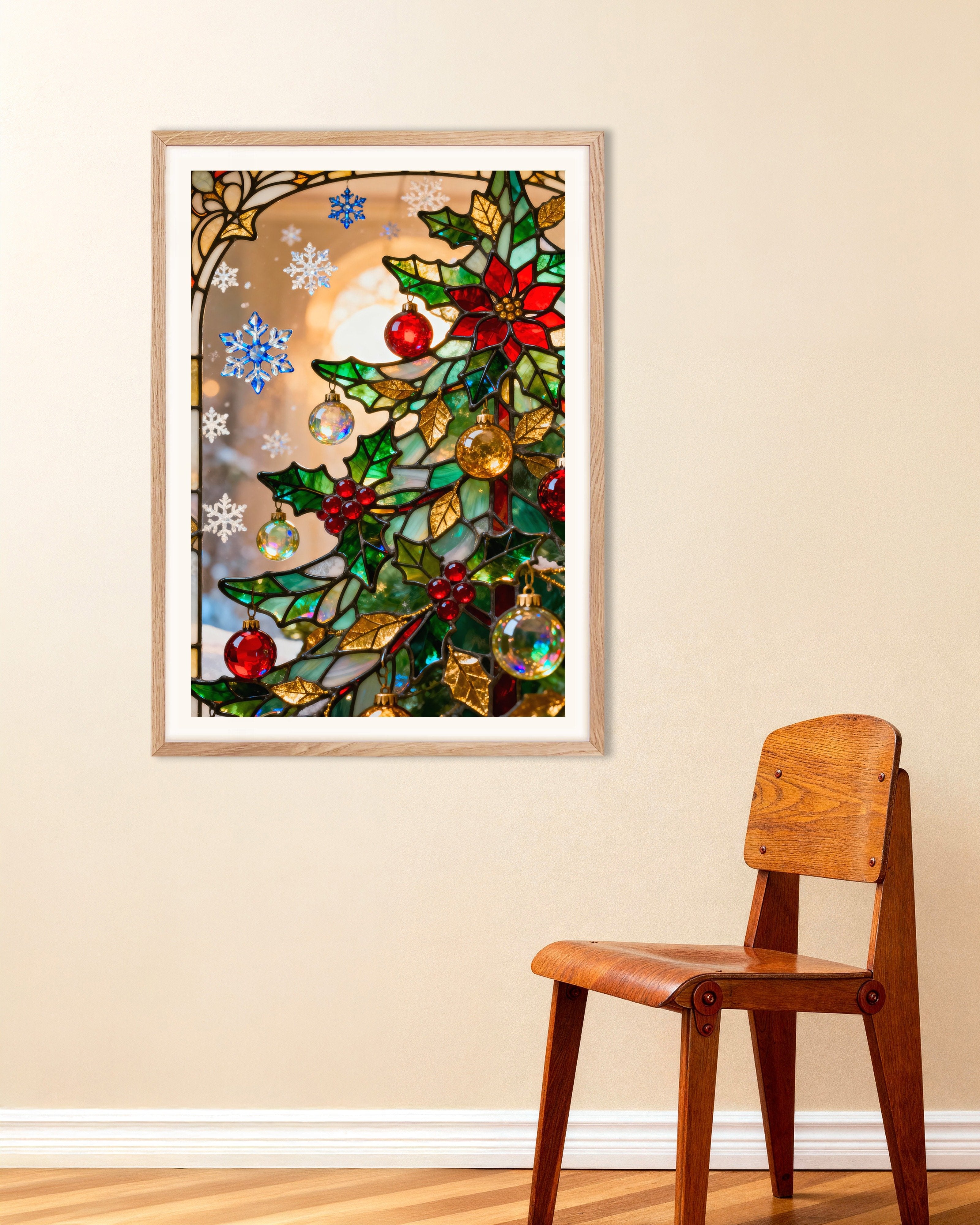 Poster of Stained glass Christmas tree poster, with natural wooden frame