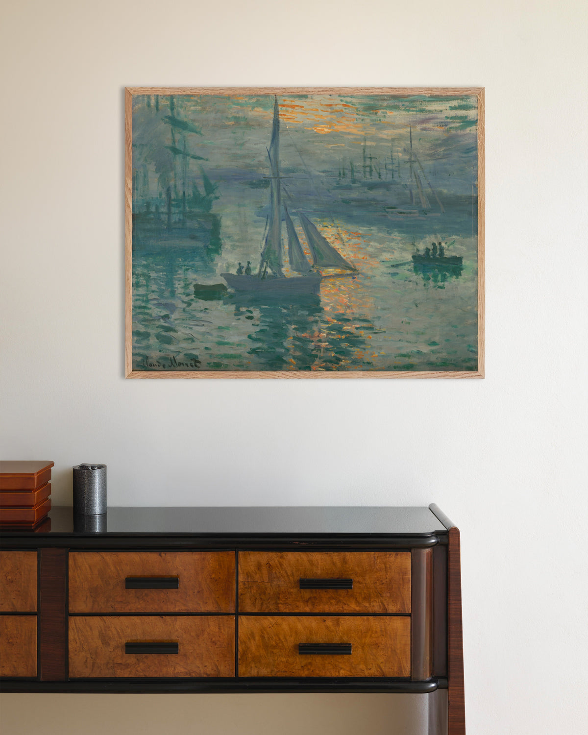 Plakat Wschód słońca, pejzaż morski (1873), Claude Monet, w ramie z naturalnego drewna
