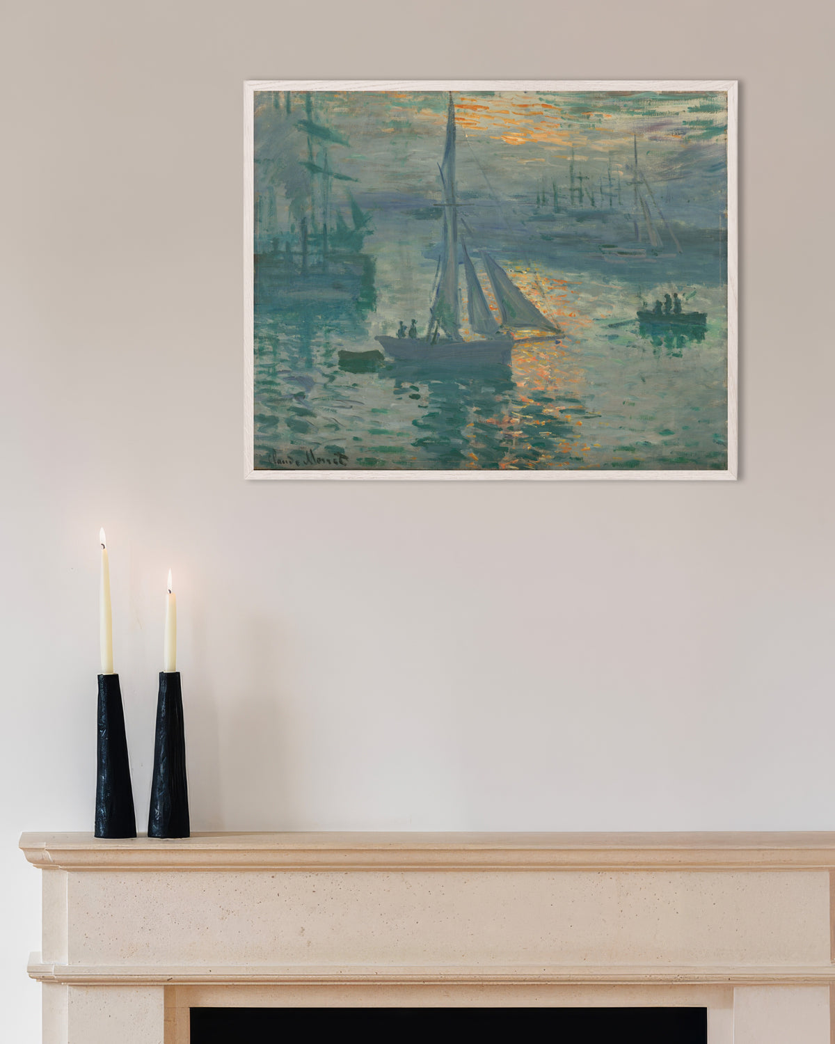 Plakat Wschód słońca, pejzaż morski (1873), Claude Monet, w białej drewnianej ramie