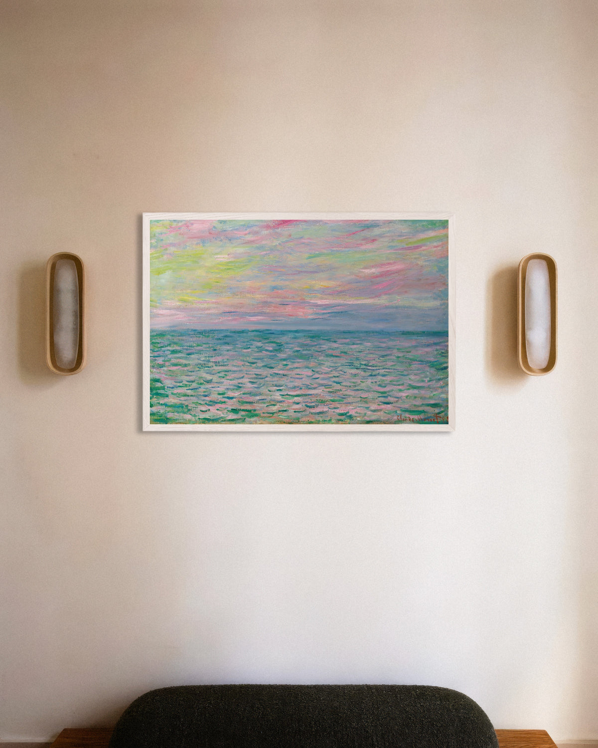 Plakat Zachód słońca w Pourville, pełne morze (1882), Claude Monet, w białej drewnianej ramie