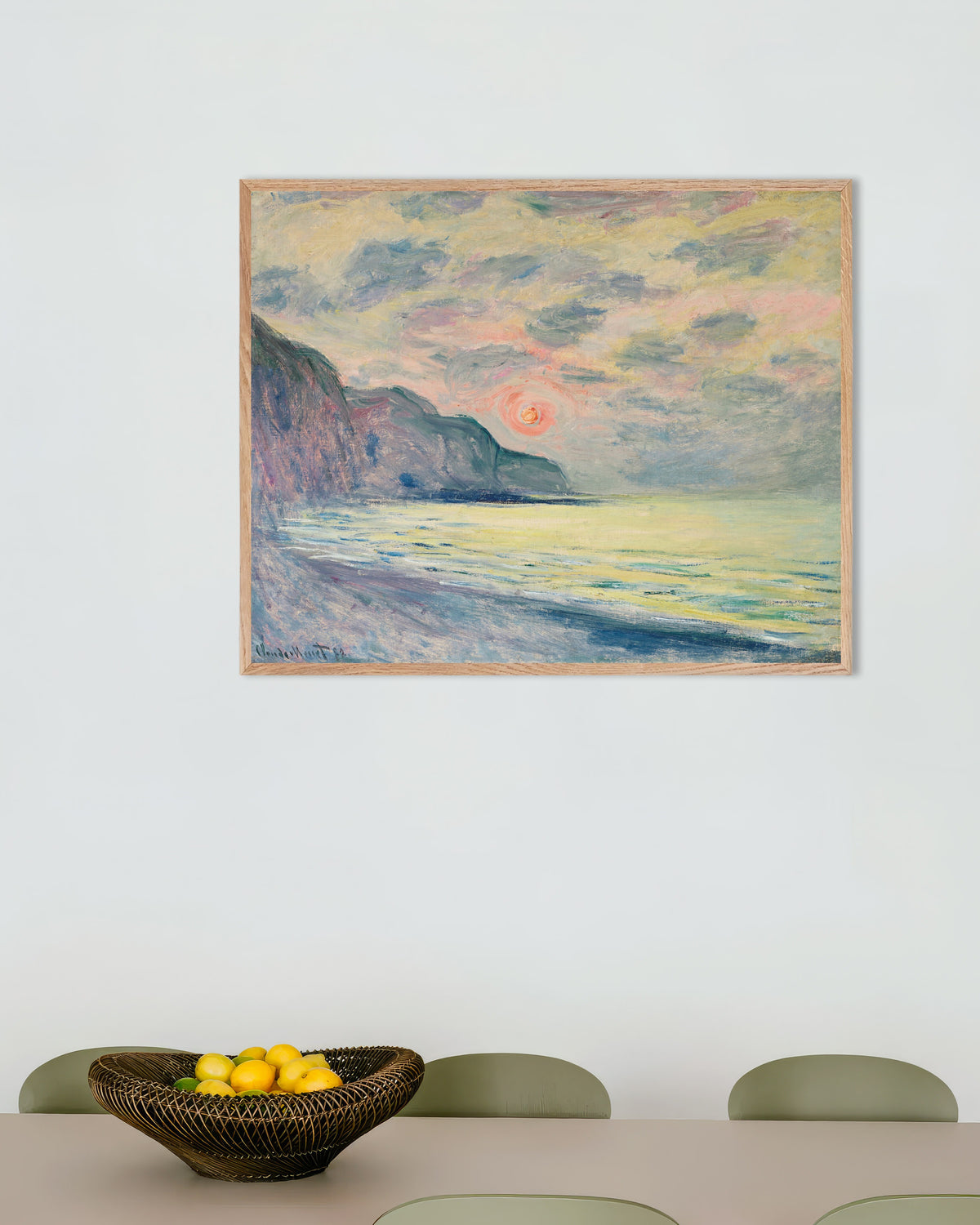 Plakat Zachód słońca, mglista pogoda, Pourville (1882), Claude Monet, w ramie z naturalnego drewna