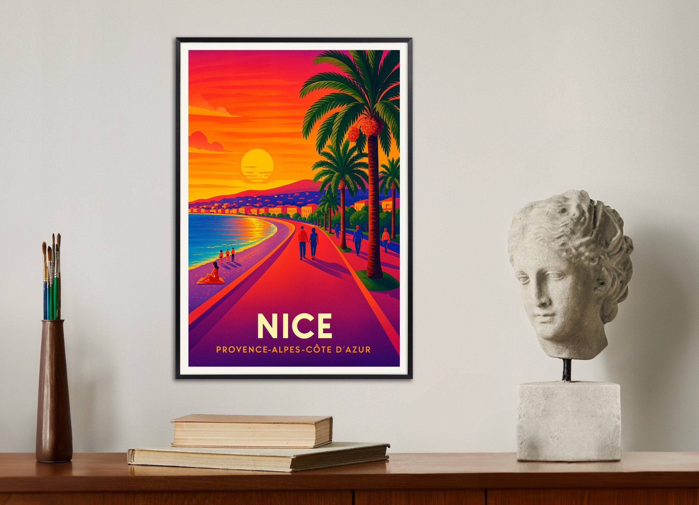 Poster of Sunset Walk in Nice, France – Promenade des Anglais, with metal frame