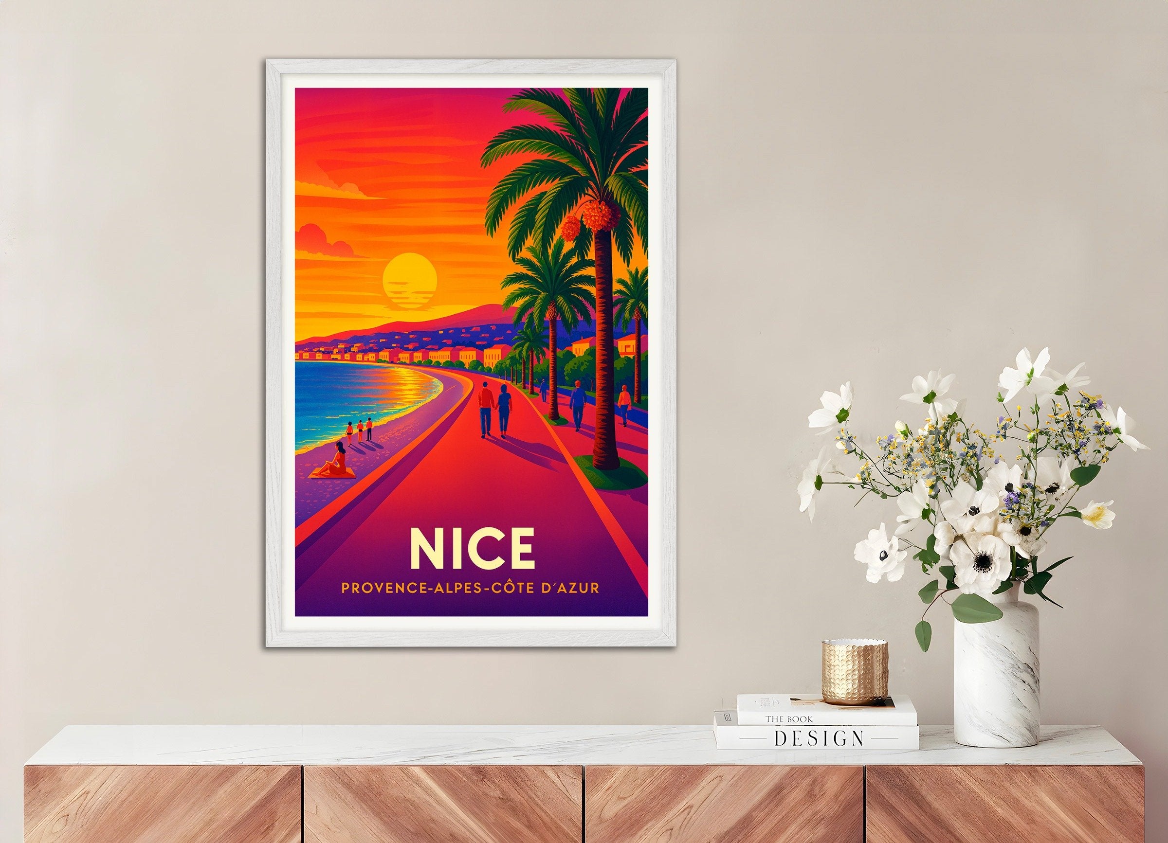 Poster of Sunset Walk in Nice, France – Promenade des Anglais, with white wooden frame