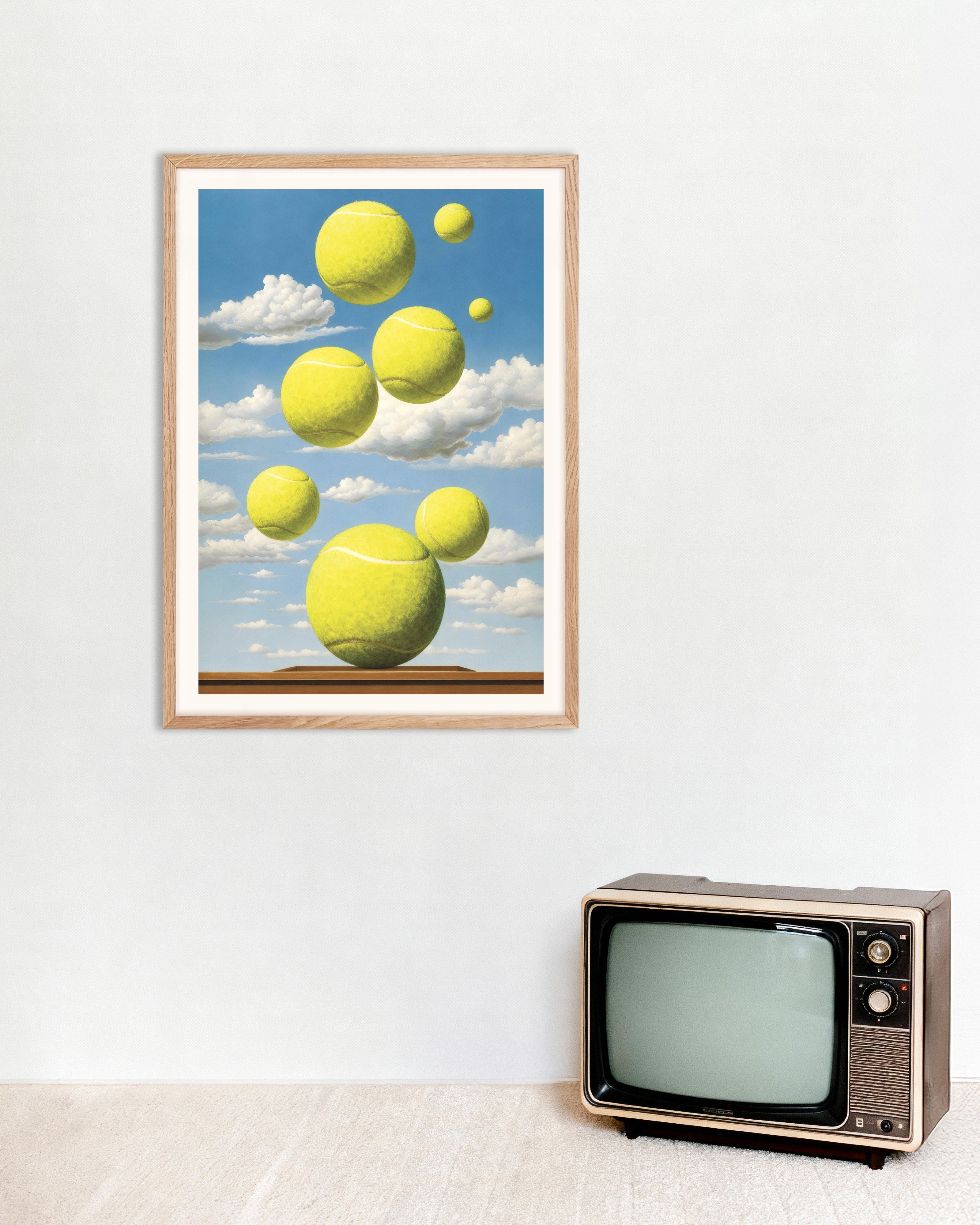 Poster of Tennis balls poster – Surreal sports art print, with natural wooden frame