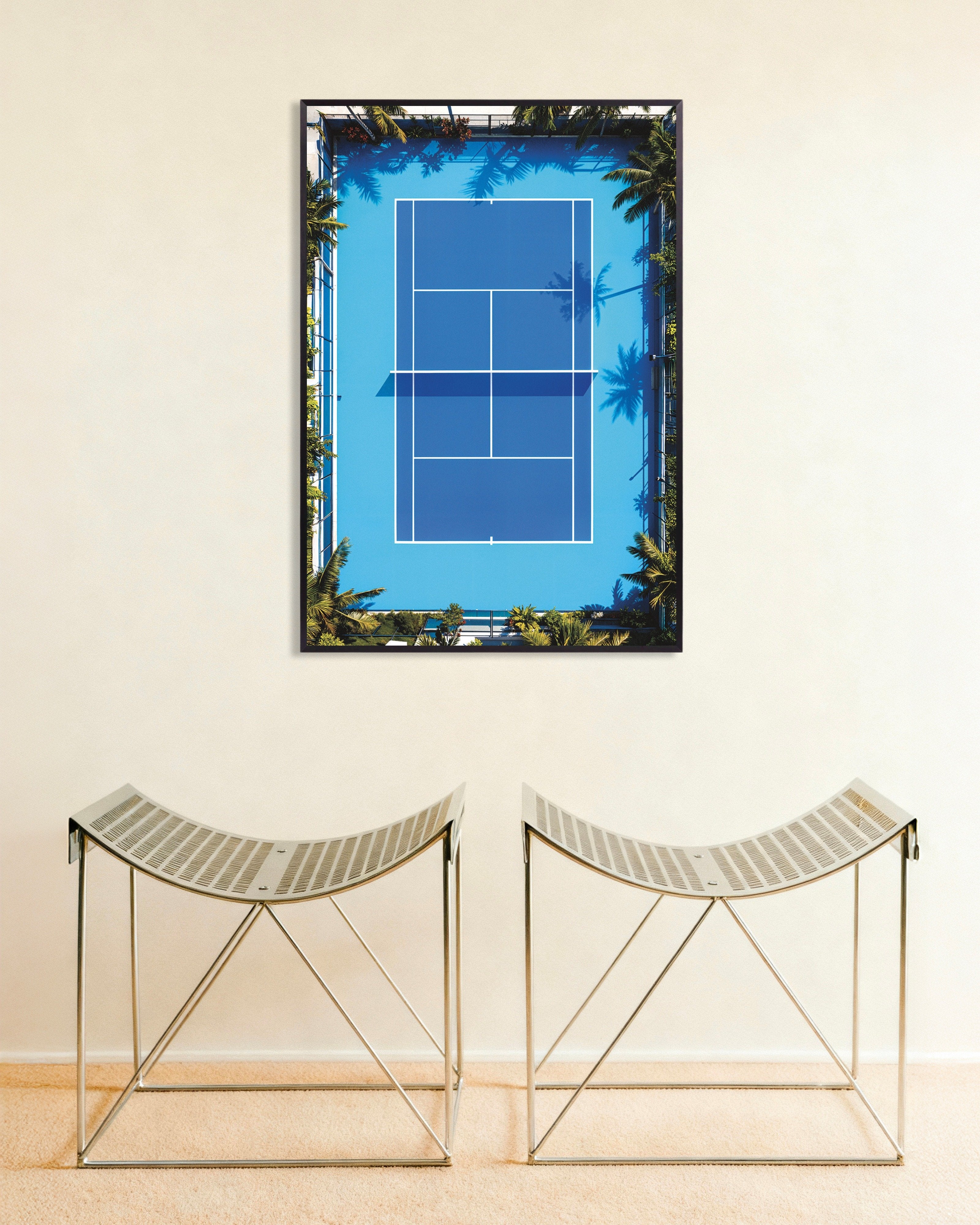 Poster of Tennis court aerial poster – Modern sports photography print, with metal frame