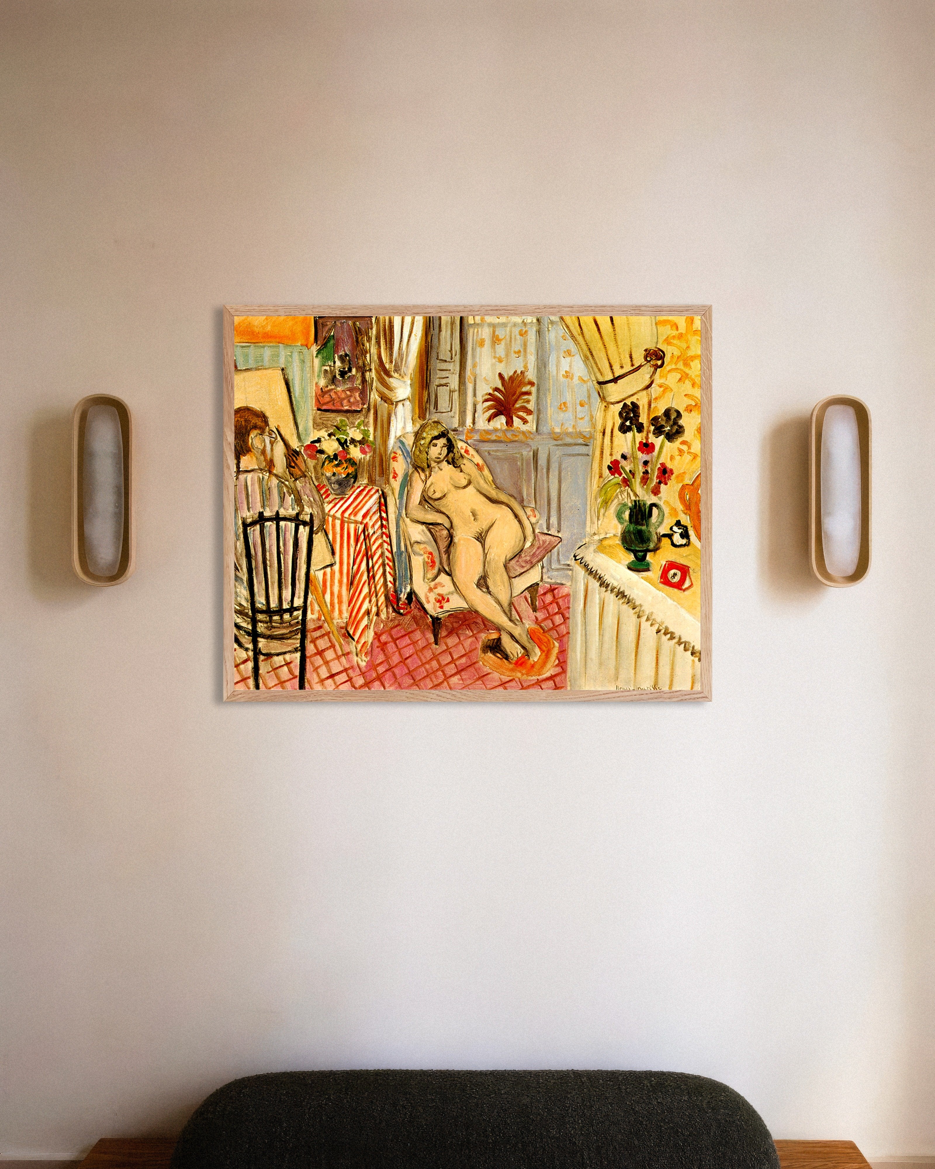 Poster of The artist and his model (1919) by Henri Matisse, with natural wooden frame