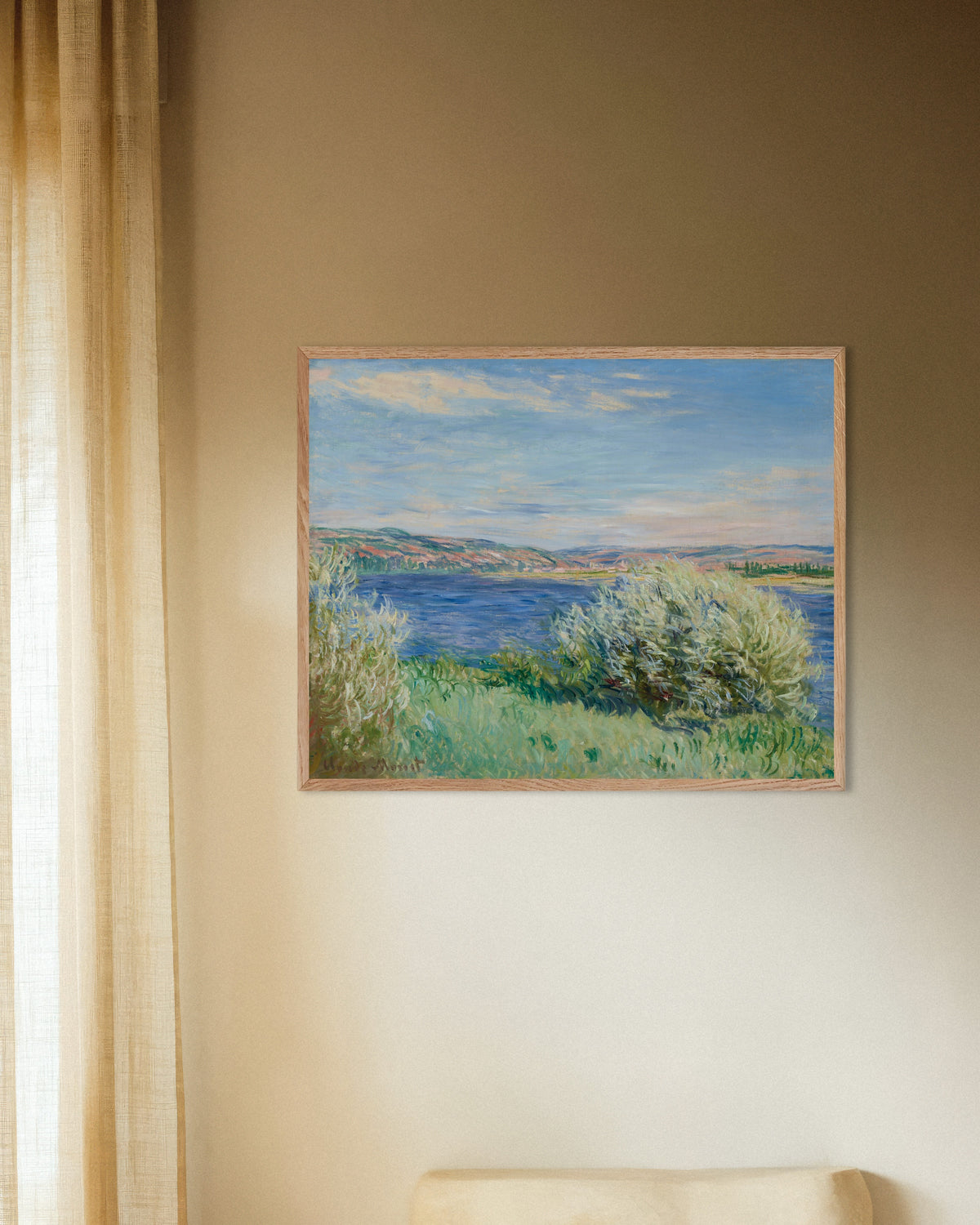 Plakat Brzegi Sekwany koło Vétheuil (1881), Claude Monet, w ramie z naturalnego drewna
