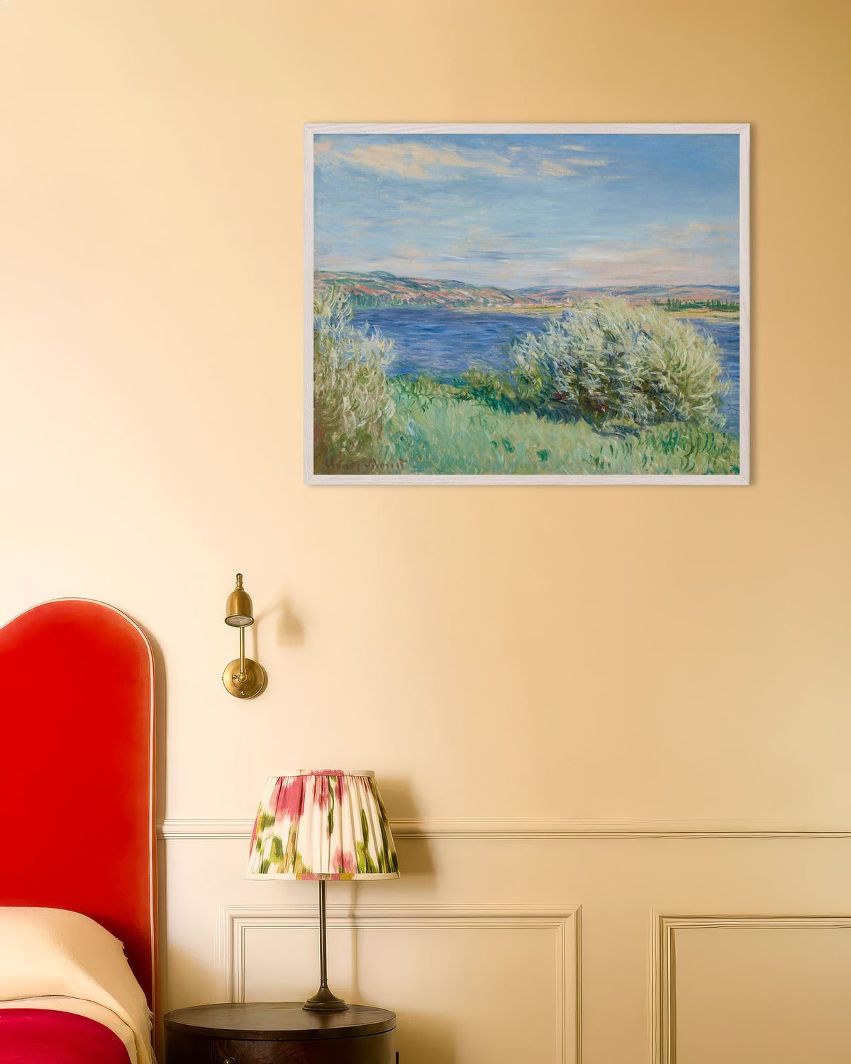 Plakat Brzegi Sekwany koło Vétheuil (1881), Claude Monet, w białej drewnianej ramie