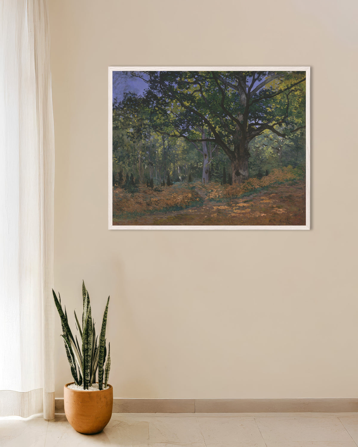 Plakat Dąb Bodmera, las Fontainebleau (1865), Claude Monet, w białej drewnianej ramie