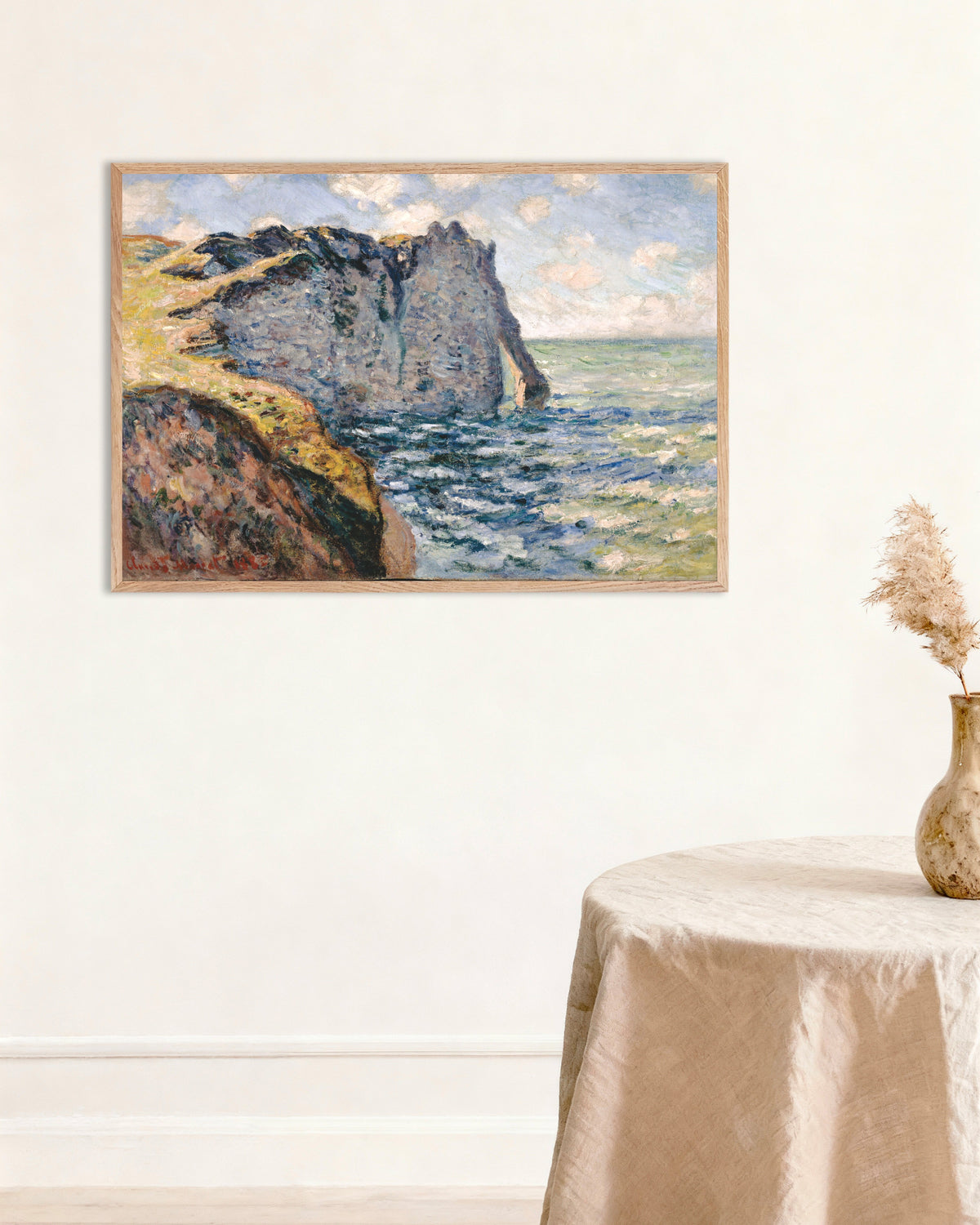 Plakat Klif Aval, Étretat (1885), Claude Monet, w ramie z naturalnego drewna